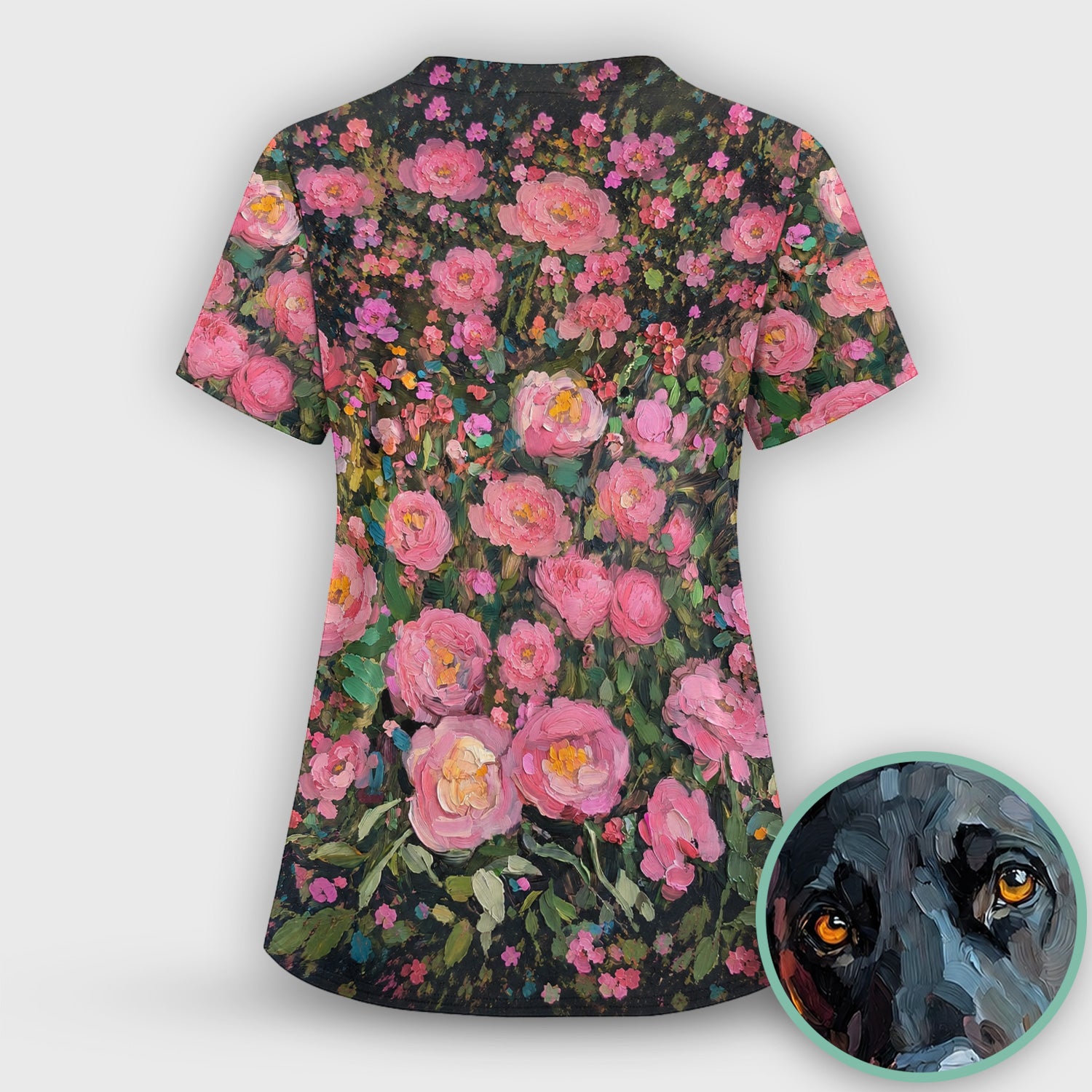 Painterly Floral Black Dog Pattern, Pet Lover Medical Scrub Set, Scrub Pants and V Neck Top