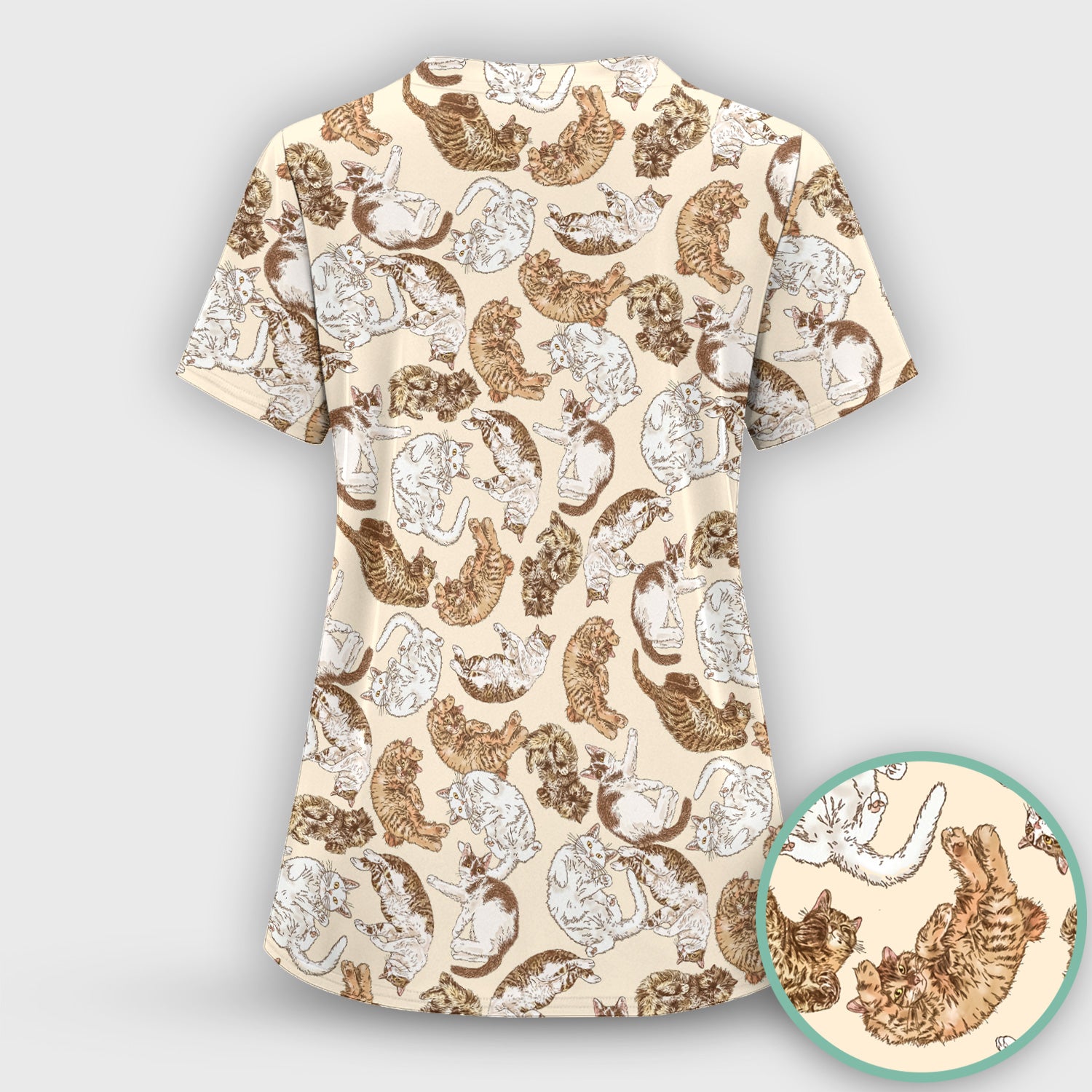 Cute Lazy Cat Nap Pattern Scrub Top, Comfortable Scrubs for Nurses