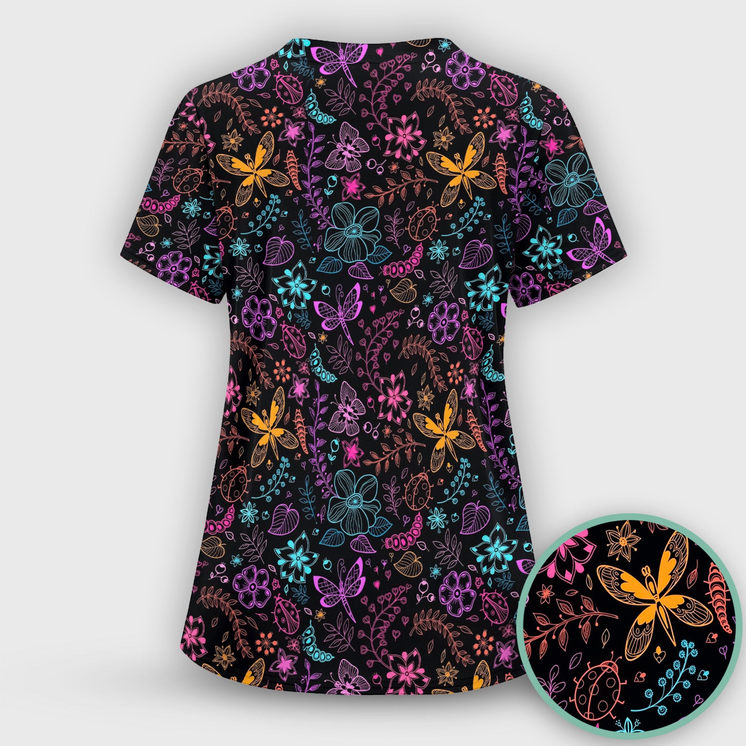 Neon Butterfly and Floral Garden Pattern Scrub Top, Comfortable Scrubs for Nurses
