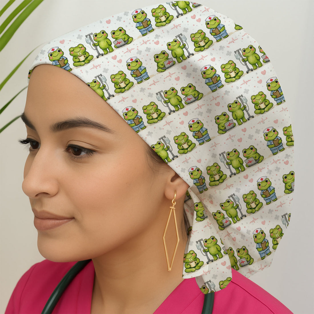 Adorable Frog Nurse Various Poses Print Bouffant Cap, Surgical Caps for Doctors