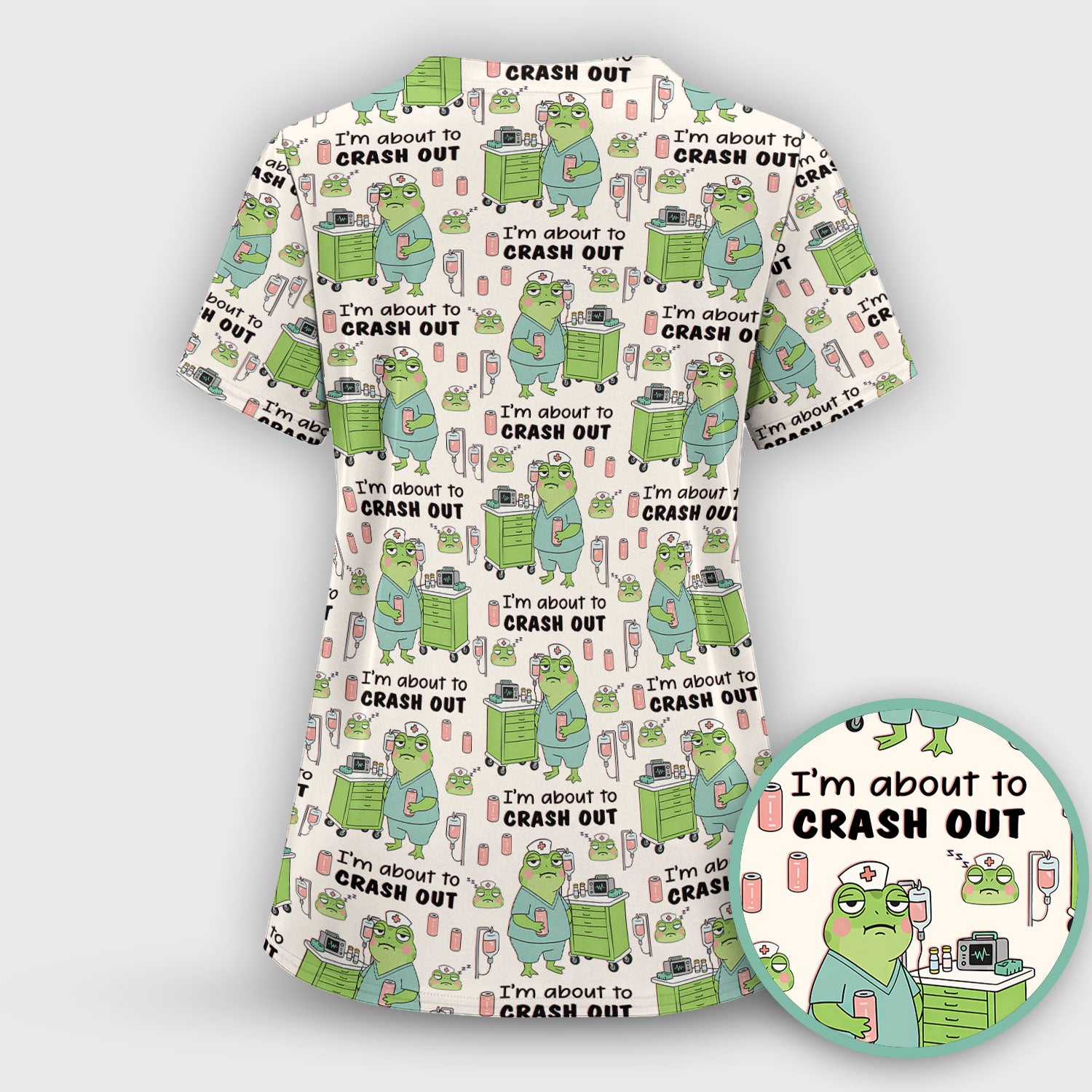 Funny Frog Pattern Nurse Scrub Top, I’m About to Crash Out Nurse Shirt, Breathable Fabrics Nursing Uniform