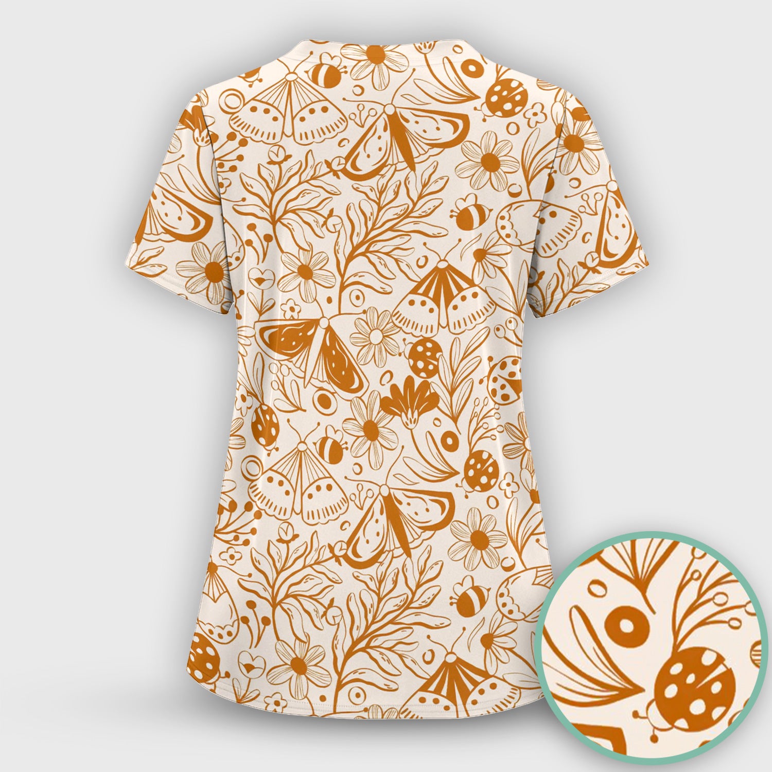Butterfly Ladybug Floral Garden Pattern Scrub Top, Comfortable Scrubs for Nurses