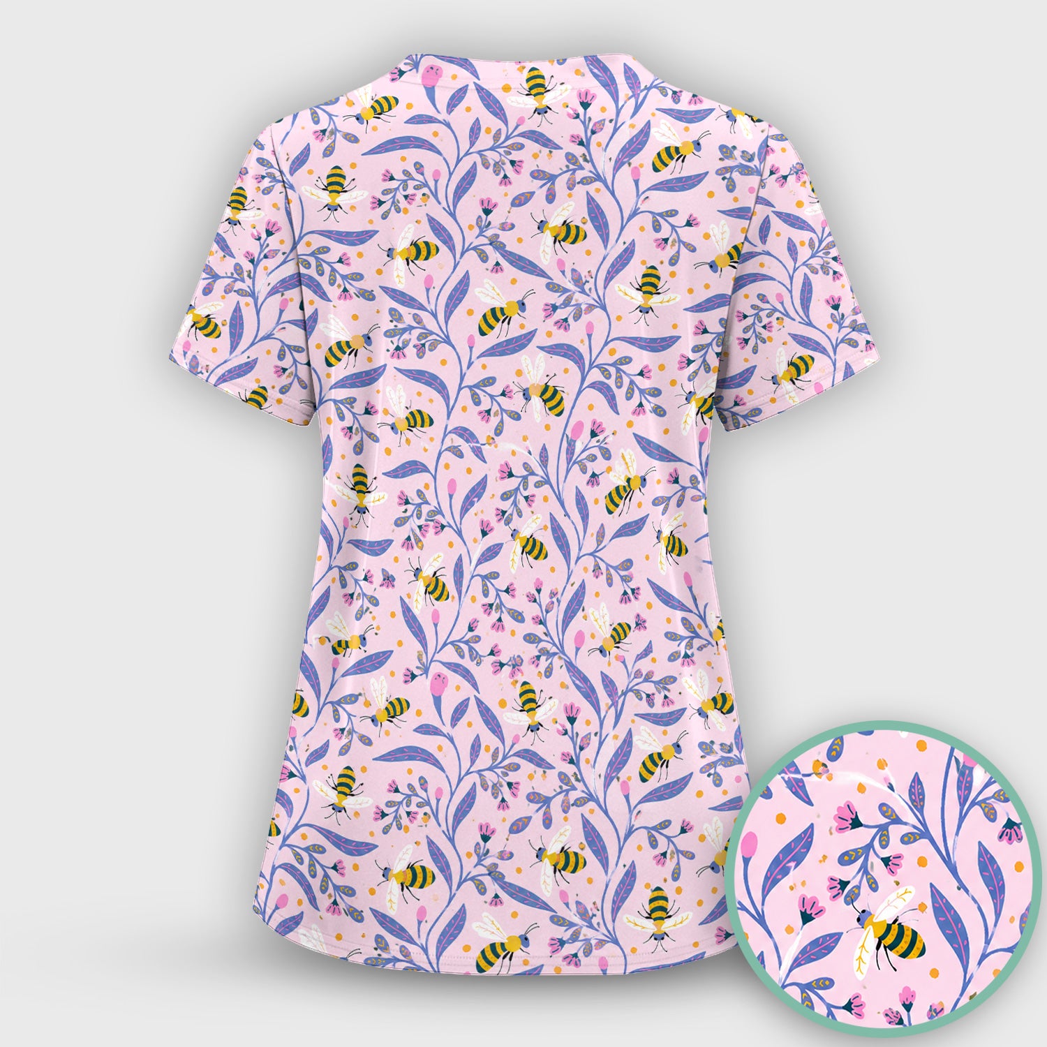 Cute Bumble Bee Floral Pattern Scrub Top, Comfortable Scrubs for Nurses