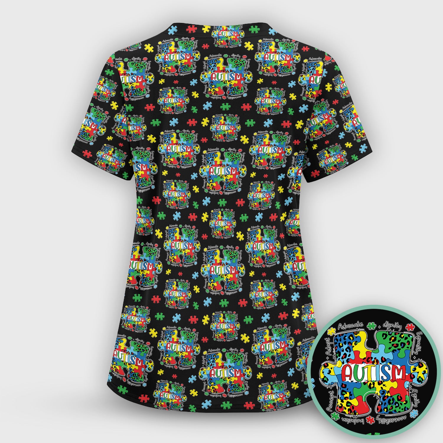 Autism Awareness Puzzle Pattern Scrub Set, Scrub Pants and V Neck Top