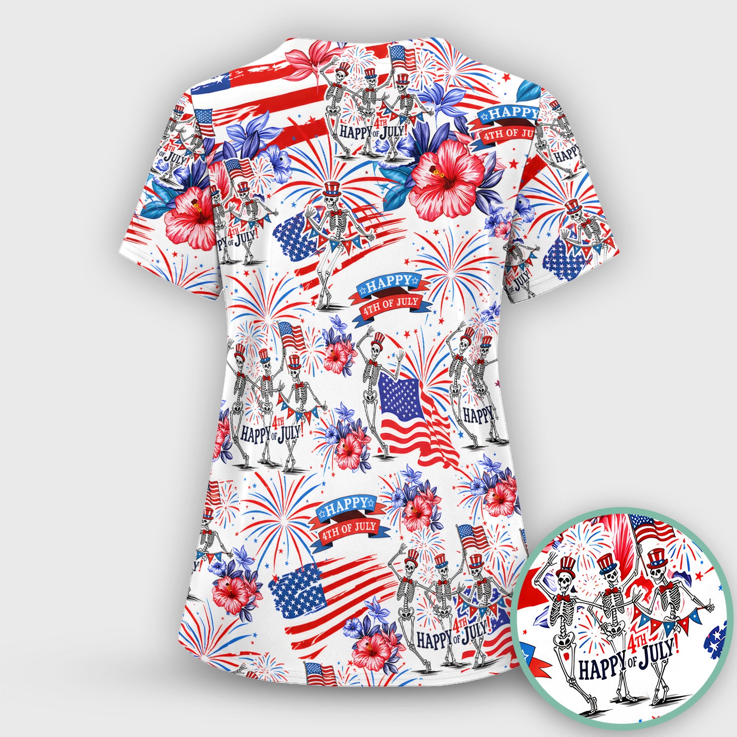 Funny 4th Of July Skeleton Nurse for RN & CNA, Patriotic Fireworks Medical Uniform Scrub Set, Scrub Pants and V Neck Top