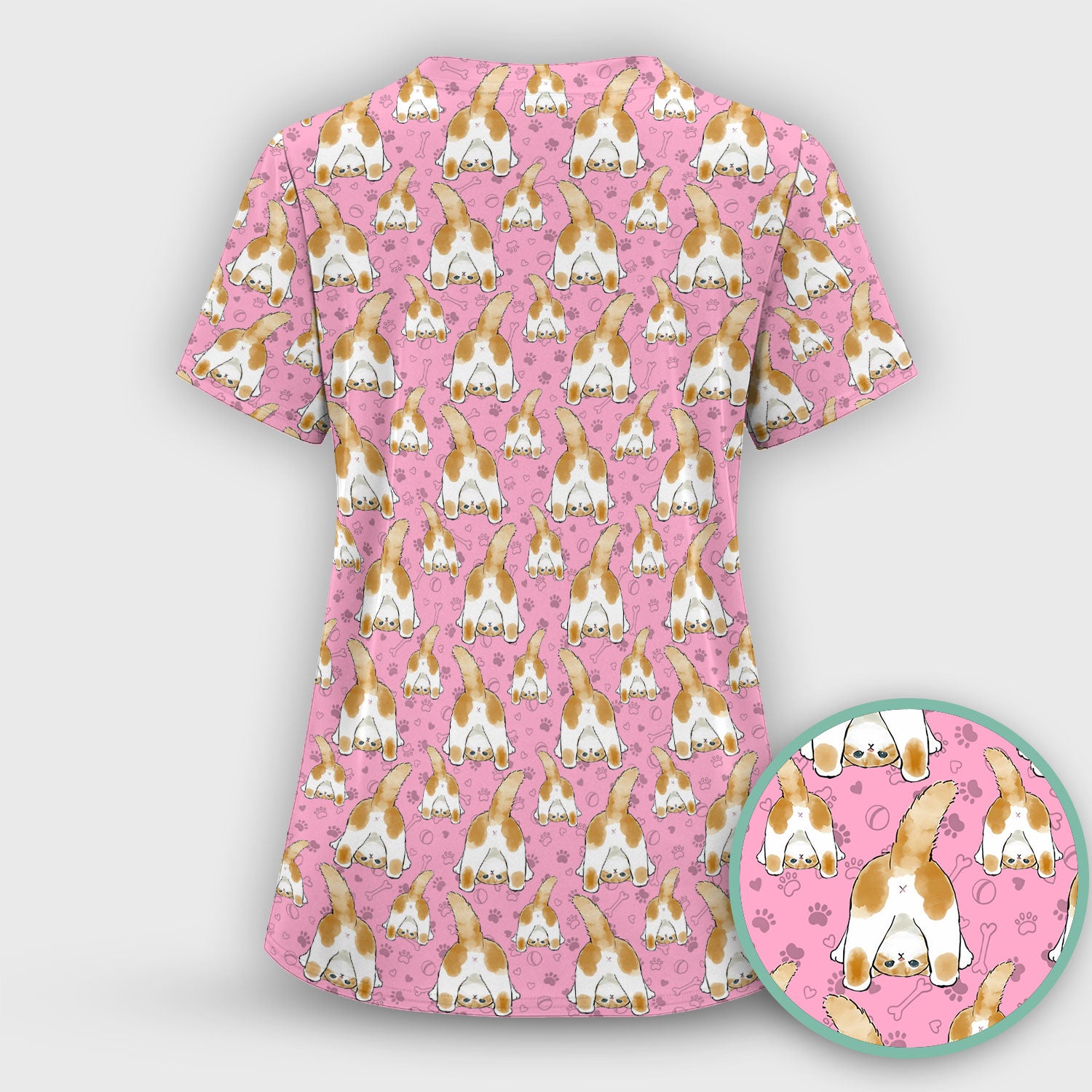 Cute Cat Butt Nurse Scrub Top, Cat Pattern Medical Shirt For Pet Lover, Breathable Fabrics Nursing Uniform