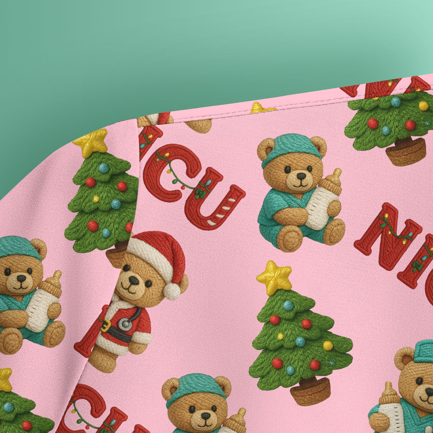 Festive Christmas NICU Nurse Teddy Bear Pattern, Breathable Fabrics Nursing Uniform
