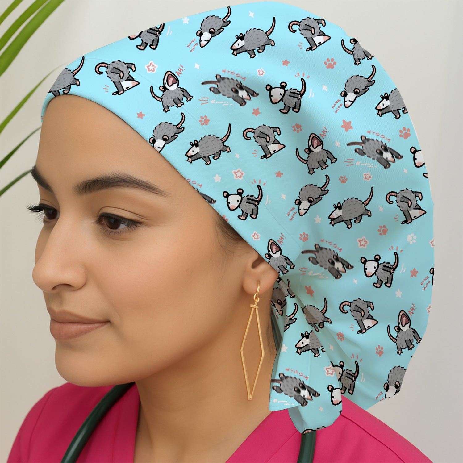 Playful Cartoon Opossum Character Pattern Cap, Bouffant Scrub Caps for Women