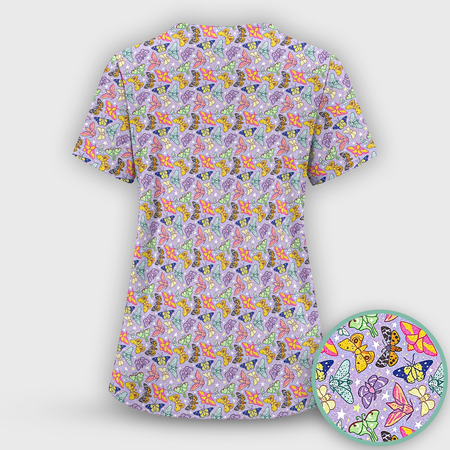 Colorful Butterfly Pattern Scrub Top, Breathable Fabrics Nursing Uniform