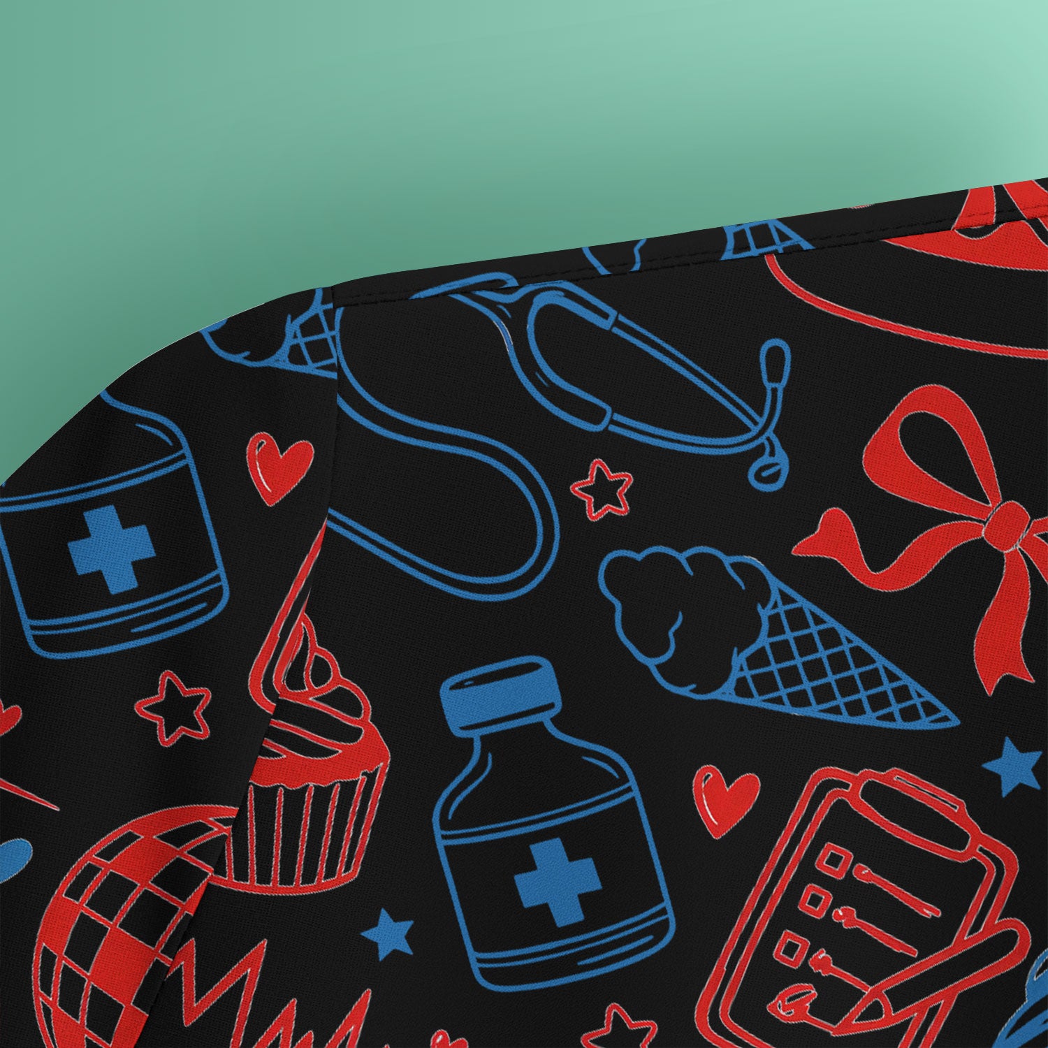 Patriotic Nurse Medical Icons Pattern Scrub Top, Breathable Fabrics Nursing Uniform