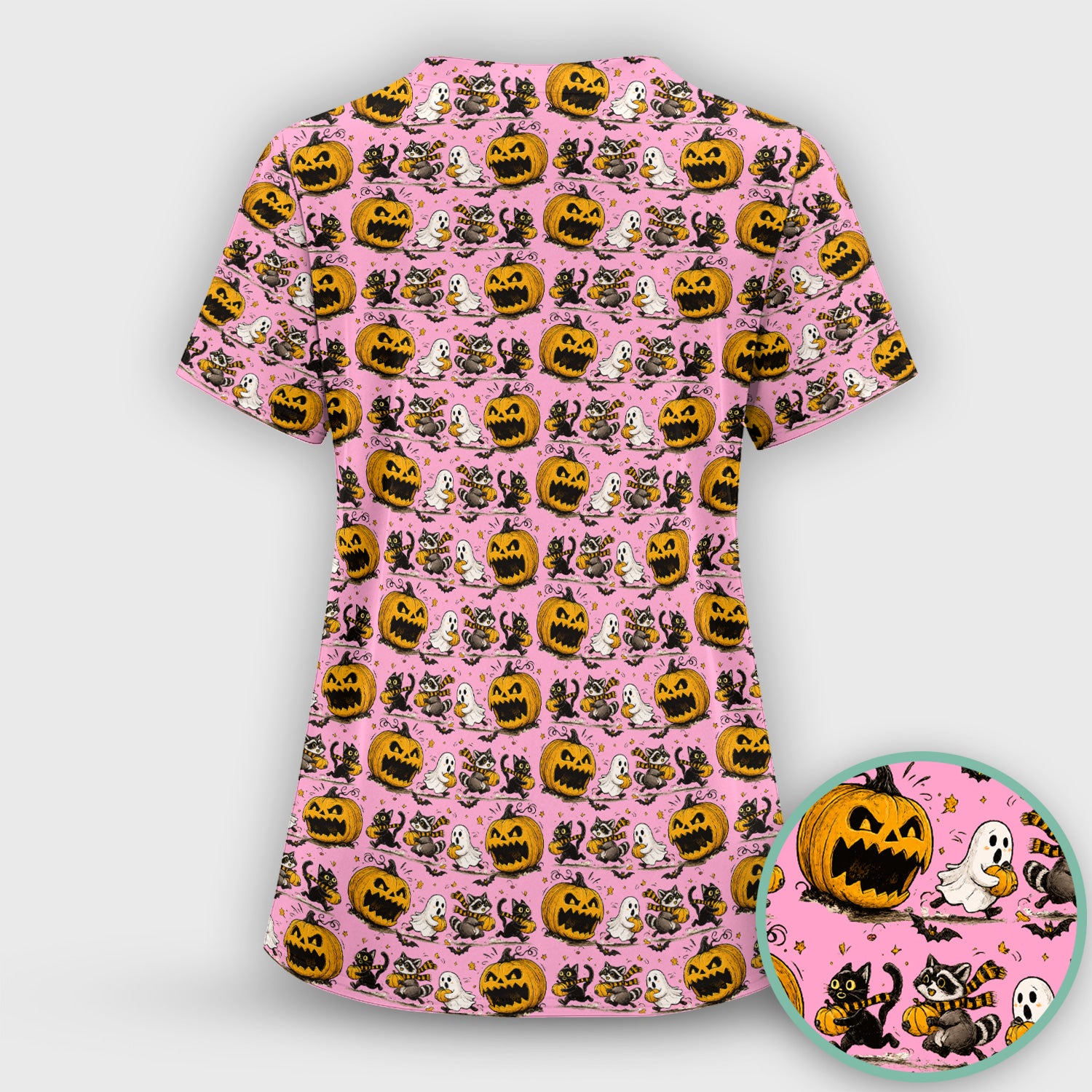 Spooky Halloween Woodland Critters Pattern Scrub Set, Scrub Pants and V Neck Top