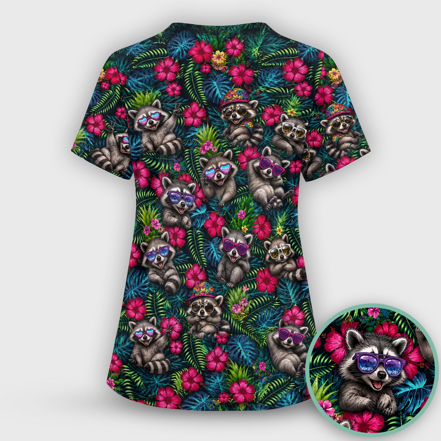 Tropical Raccoon Nurse Floral Pattern Scrub Top, Comfortable Scrubs for Nurses