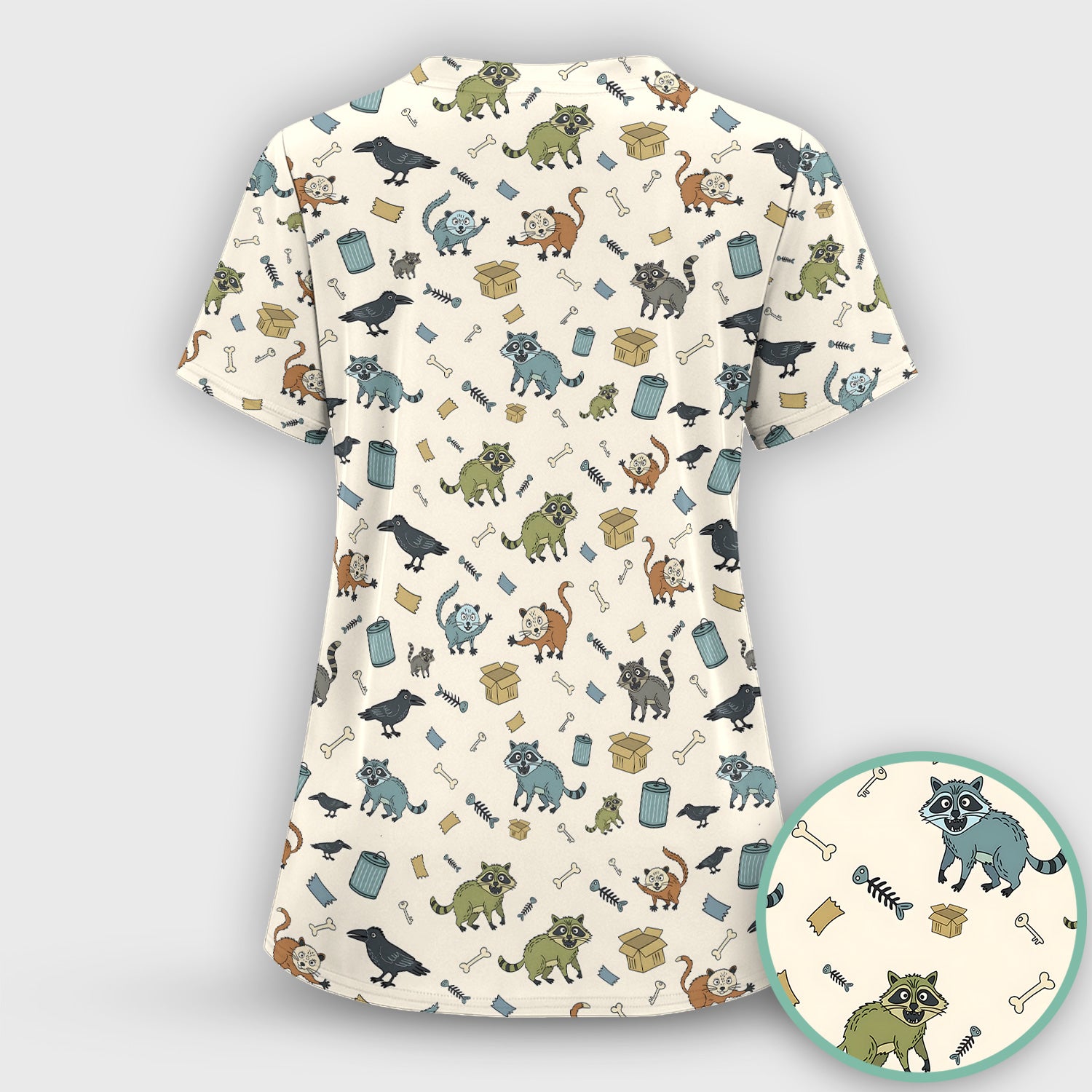 Funny Trash Raccoon Pattern Scrub Set, Scrub Pants and V Neck Top