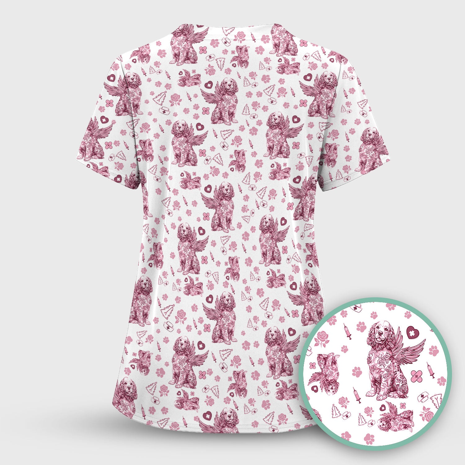 Toile De Jouy Scrubs for Nurses - Angel Puppy Medical Uniform - Floral Dog in Heaven Gift for Women, Vet Techs, RN CNA LPN