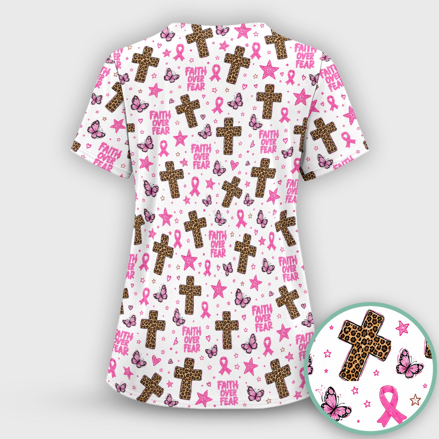 Faith Over Fear Breast Cancer Scrub Set, Scrub Pants and V Neck Top