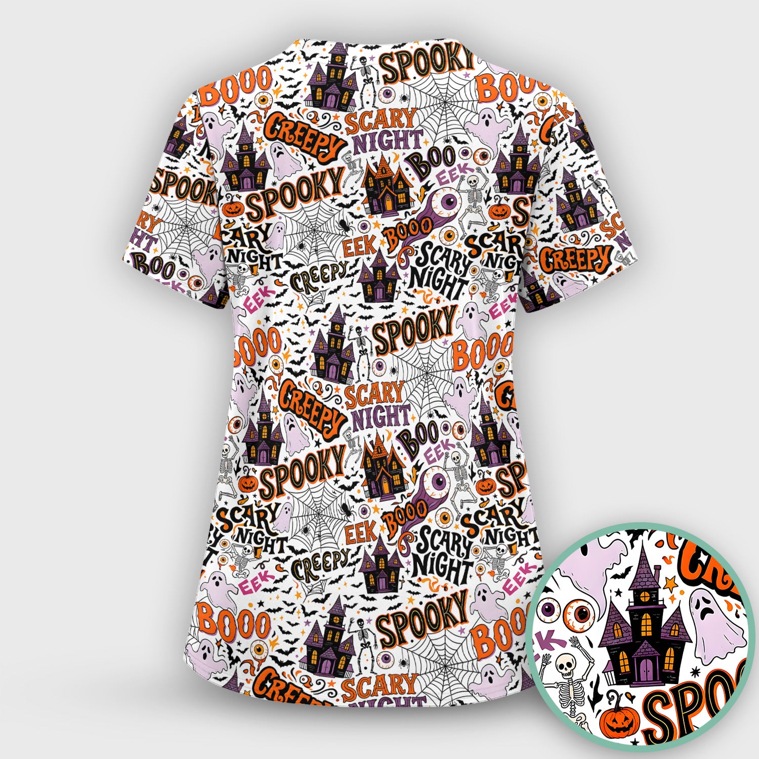 Spooky Halloween Haunted House Typography Scrub Top, Comfortable Scrubs for Nurses