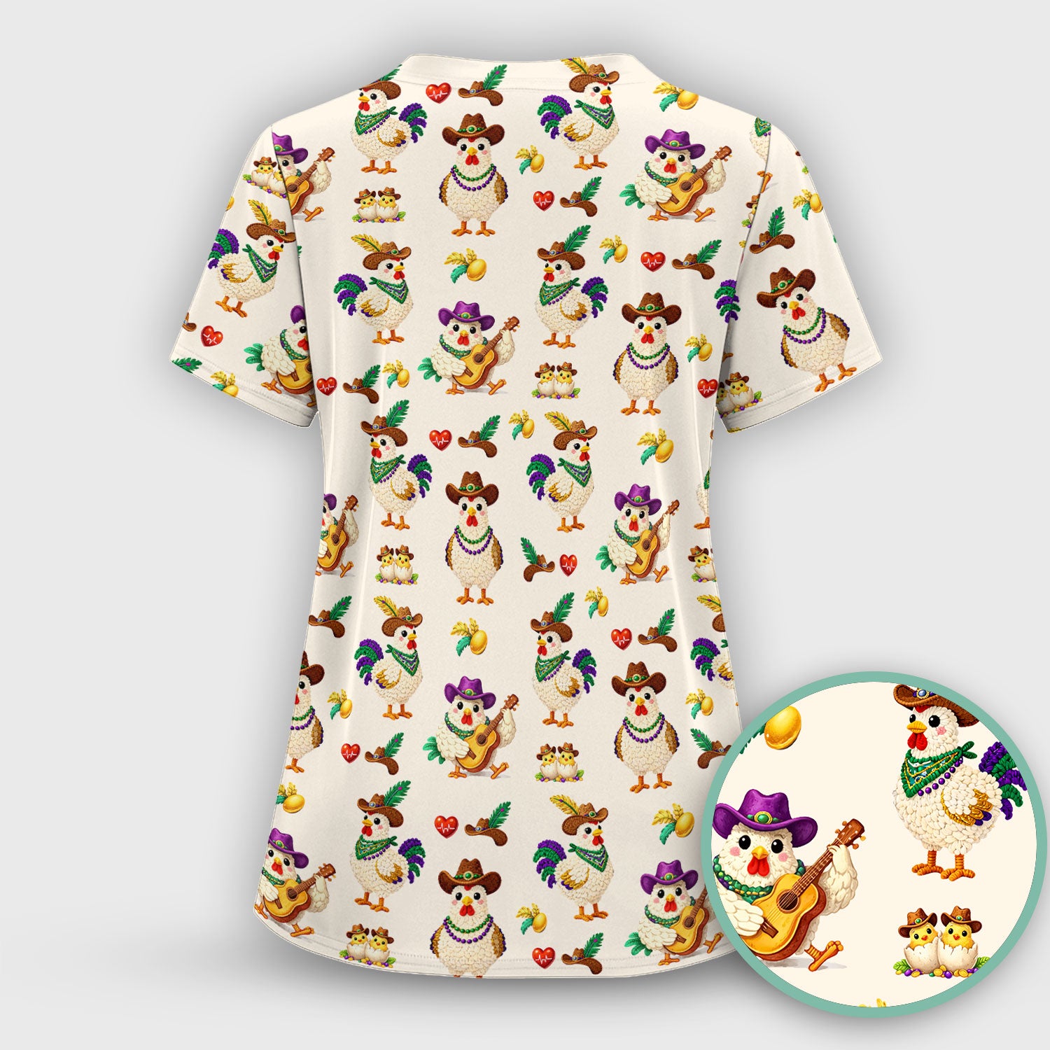 Funny Mardi Gras Rooster Cowboy Print Scrub Top, Comfortable Scrubs for Nurses