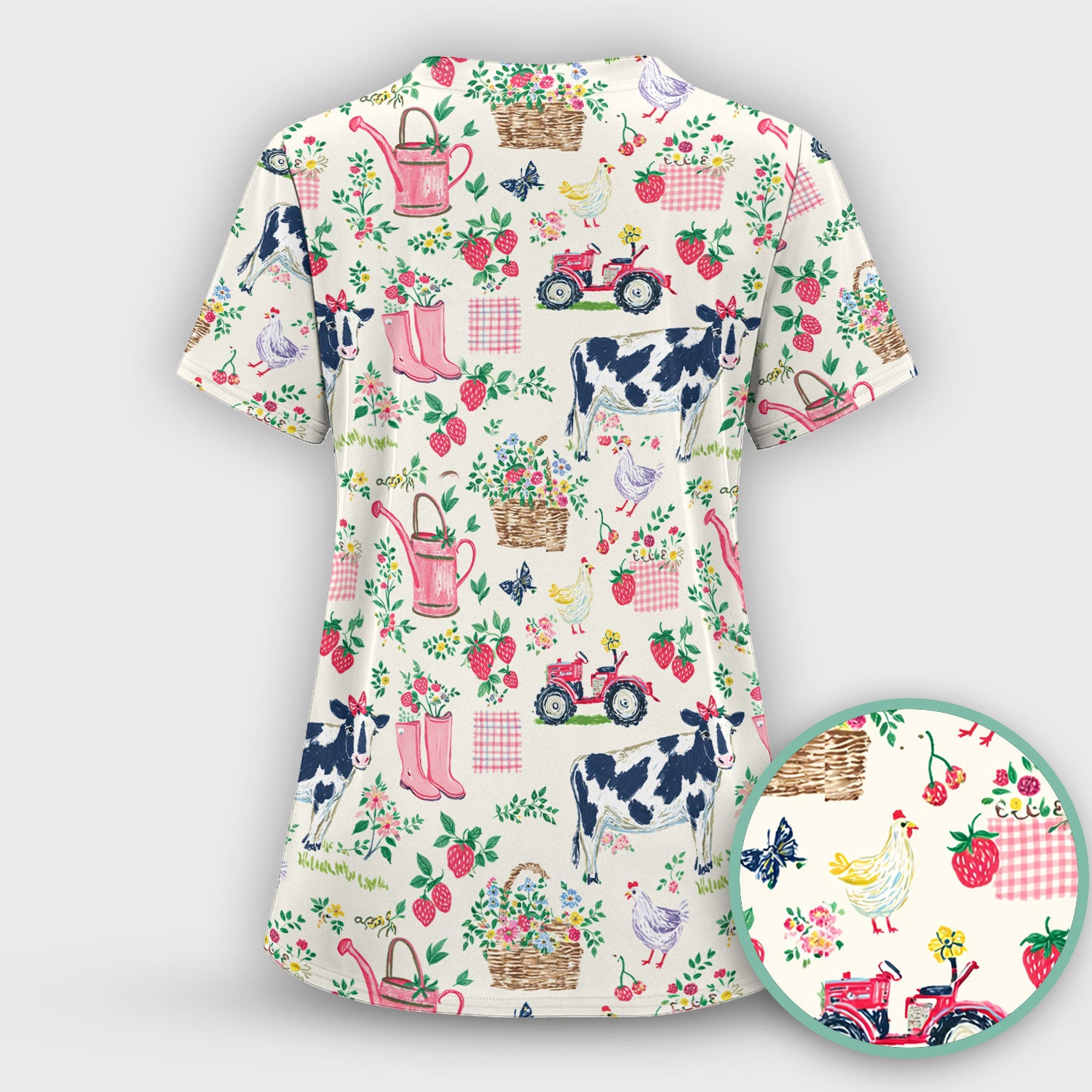 Strawberry Cow Country Style Scrub Top, Comfortable Scrubs for Nurses