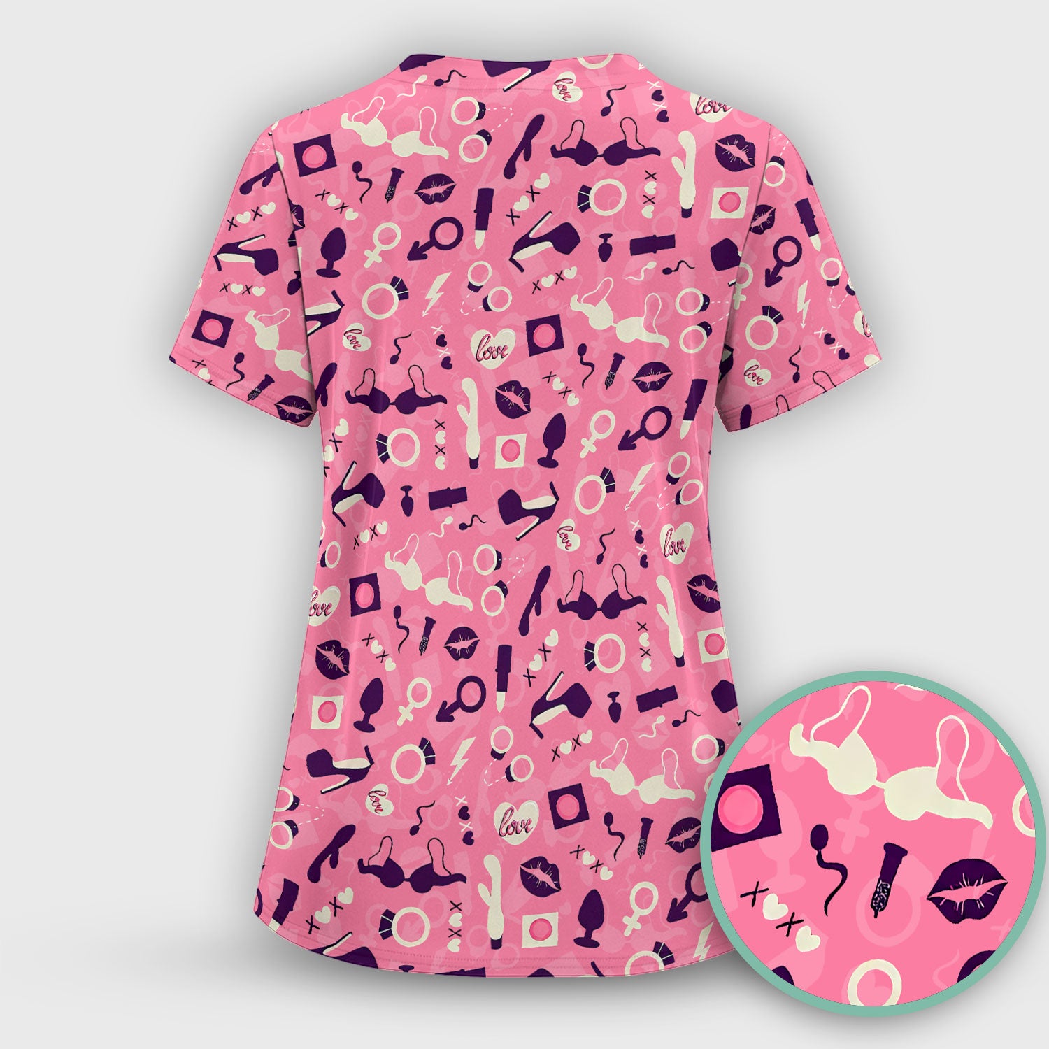 Valentine Pattern Nurse Scrub Top, Pink Love Nurse Shirt, Breathable Fabrics Nursing Uniform