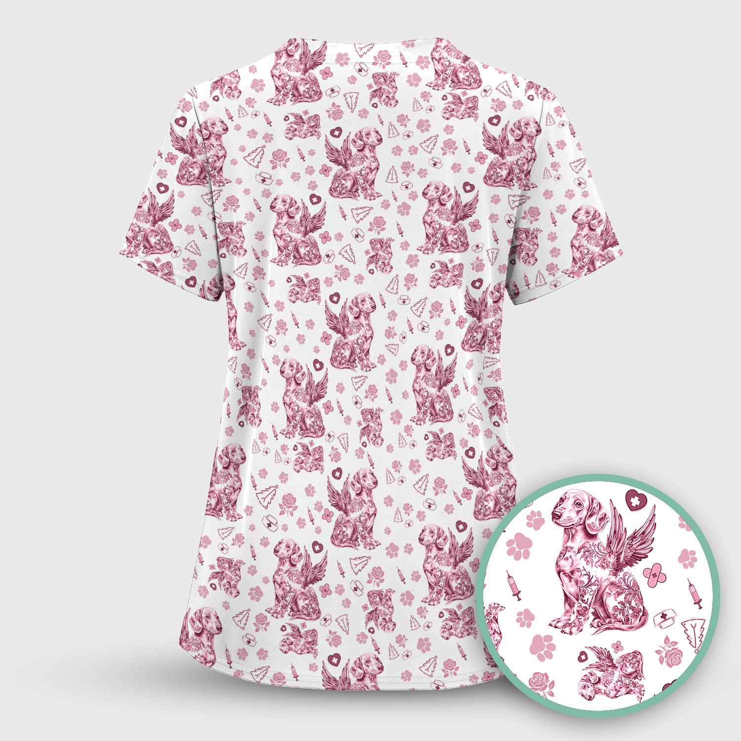 Toile de Jouy Dachshund Angel Scrub Top - Blue Vintage Dog Nurse Shirt - Memorial Christmas Gift