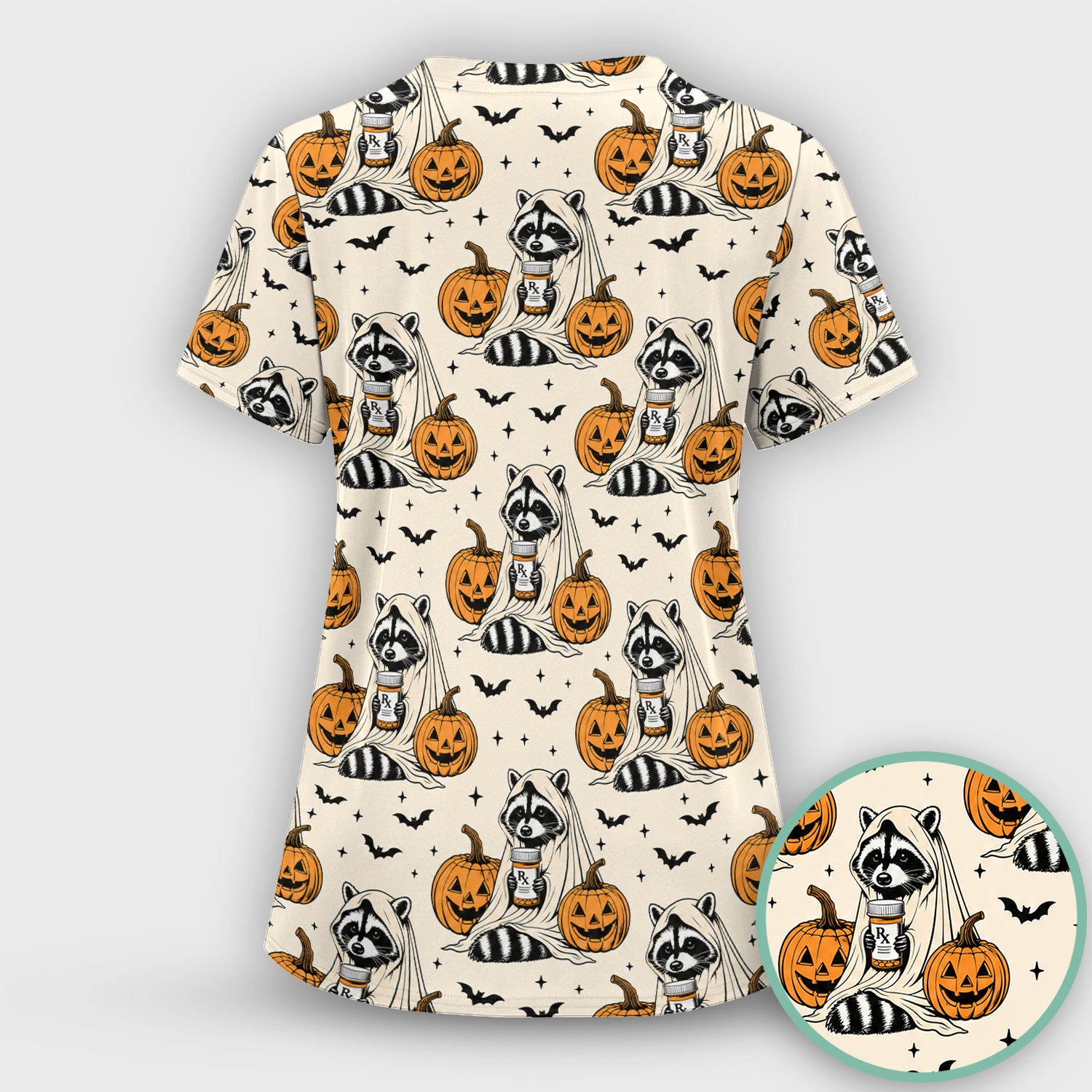 Halloween Raccoon with Pumpkin Bat Print Scrub Top, Comfortable Scrubs for Nurses