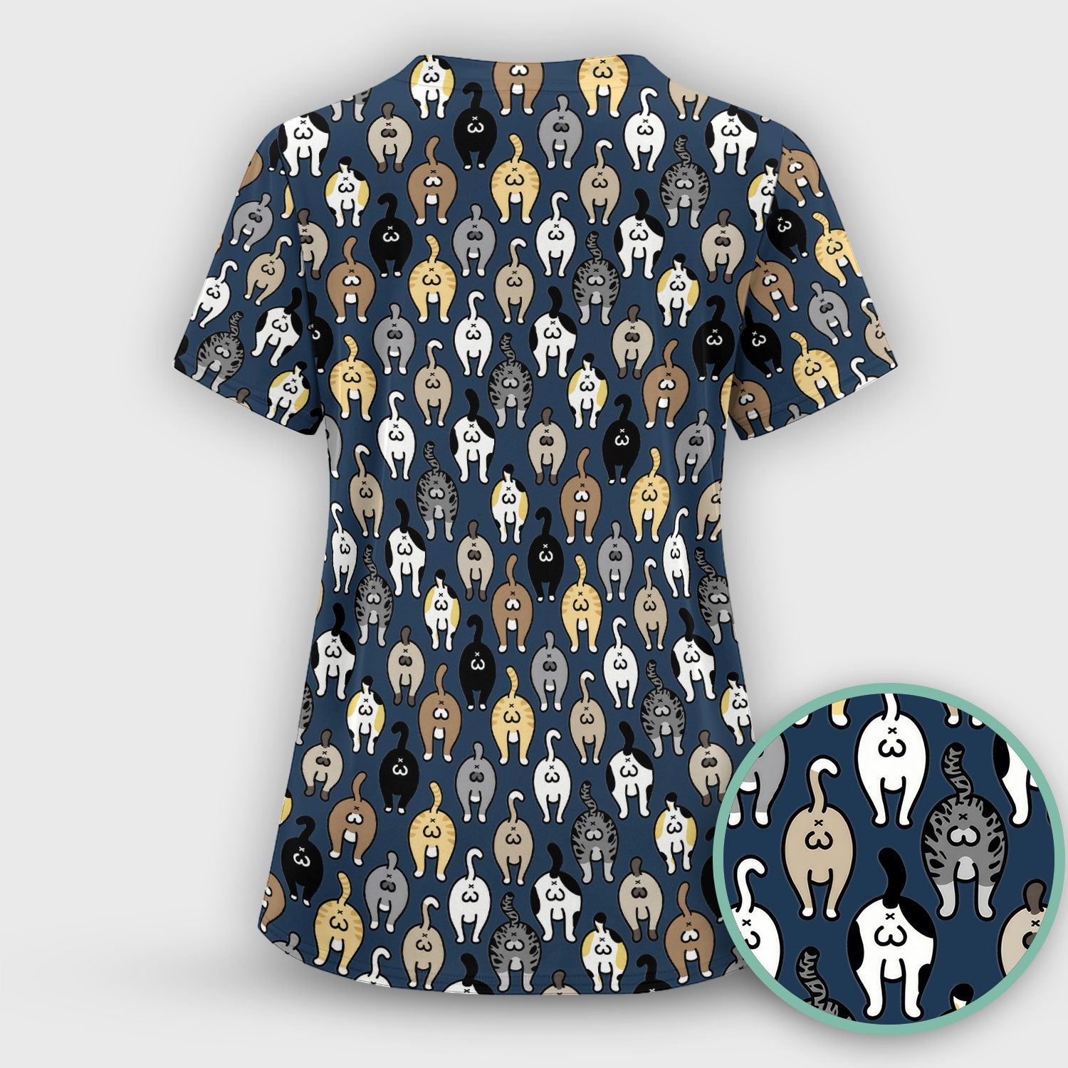 Cat Lover Nurse Scrub Set, Funny Cat Butt Pattern Medical Shirt, Breathable Fabrics Nursing Uniform