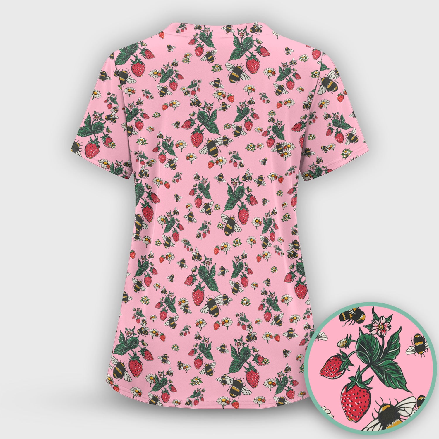 Cute Strawberry Bee Daisy Floral Pattern Scrub Set, Scrub Pants and V Neck Top