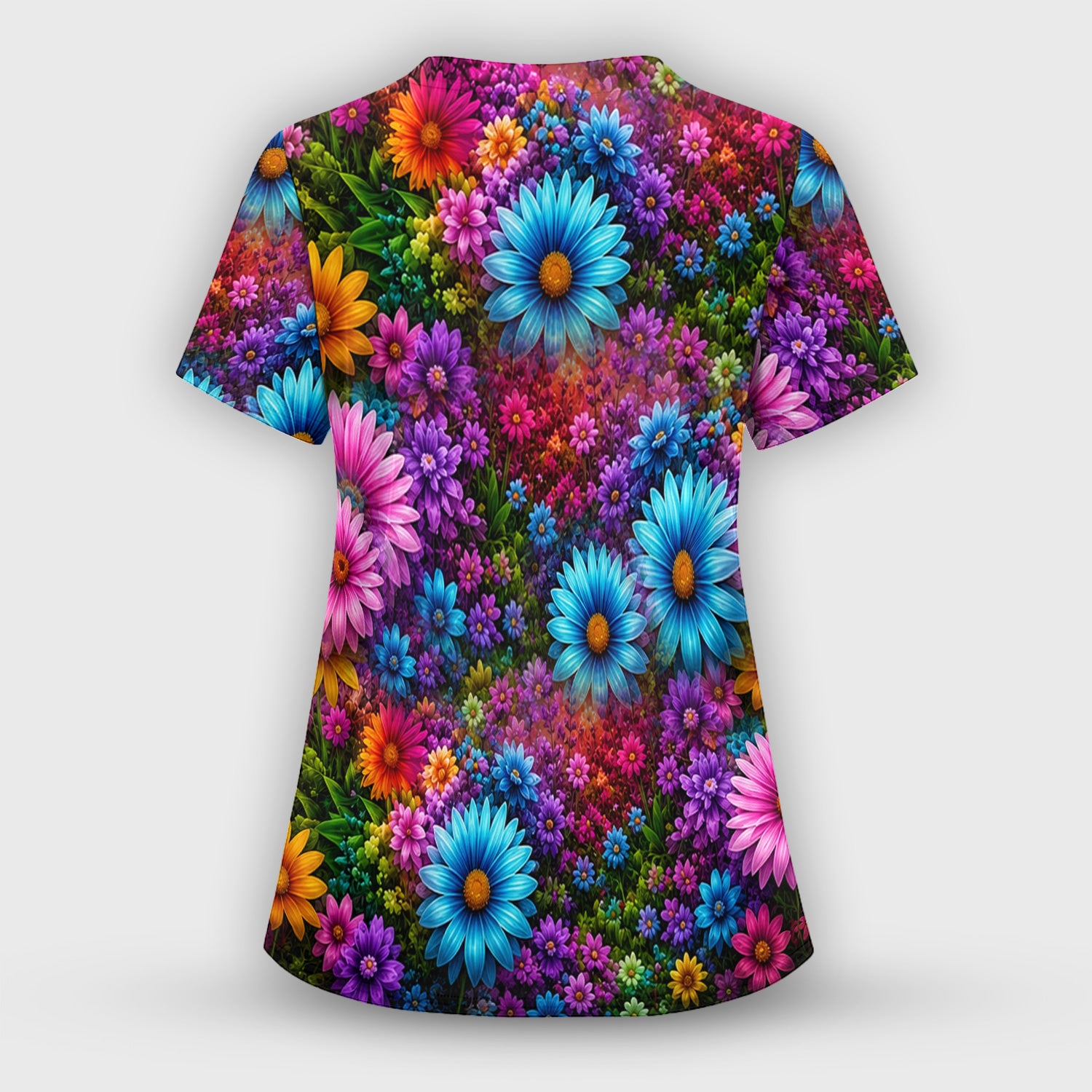 Cute Highland Cow Rainbow Floral Pattern Scrub Set, Scrub Pants and V Neck Top