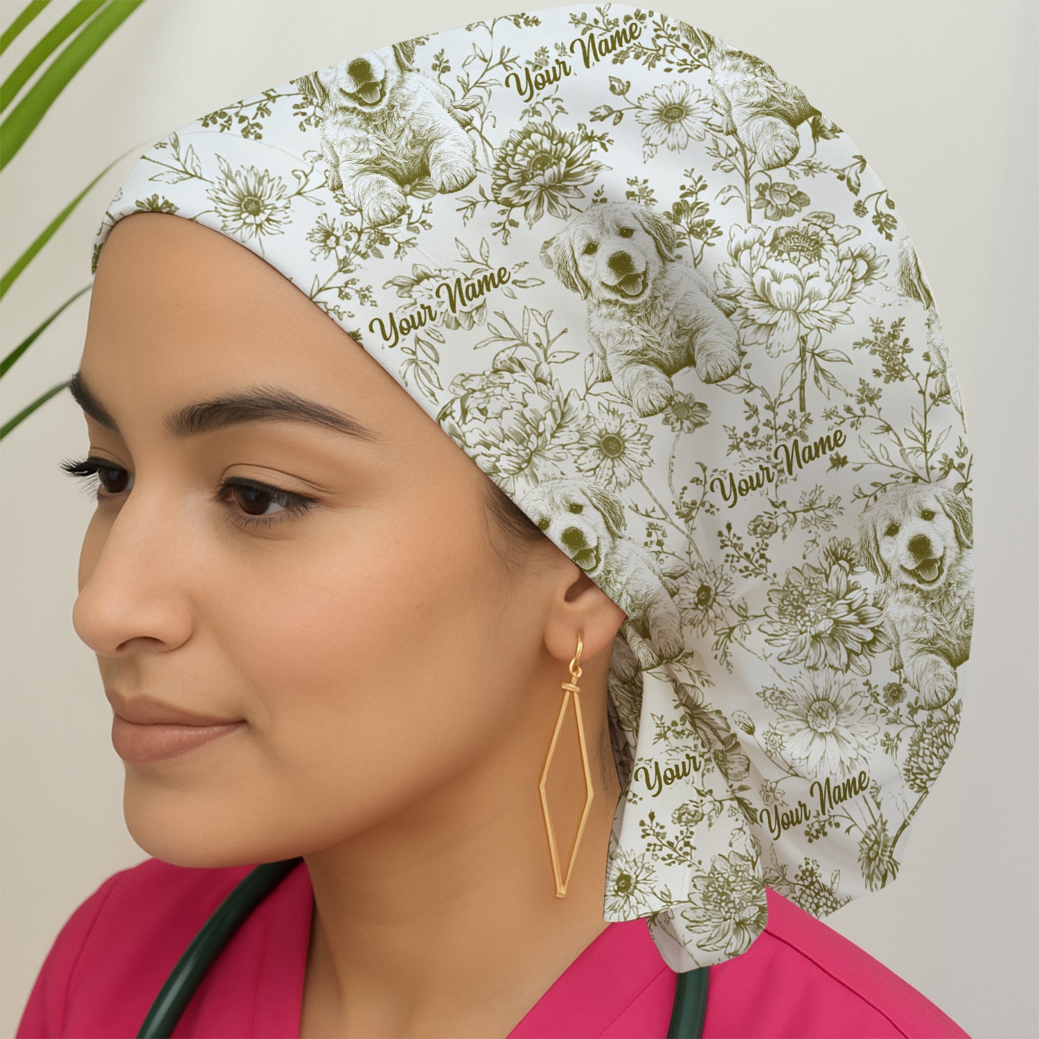 Personalized Custom Pet Photo Name Floral Pattern Scrub Cap, Surgical Caps for Doctors