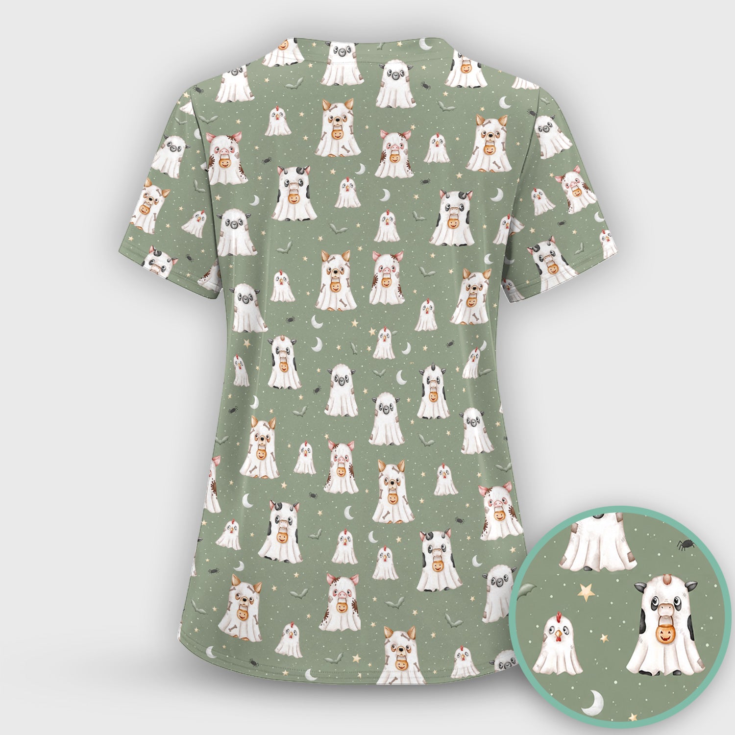 Spooky Farm Animal Ghost Scrub Set, Scrub Pants and V Neck Top
