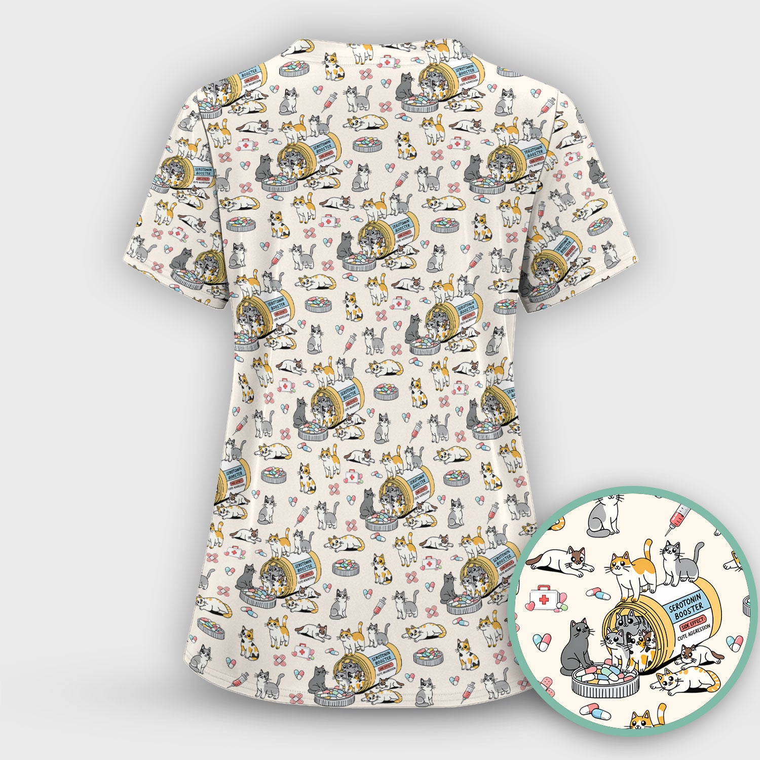Cute Cat Serotonin Booster Pattern Scrub Top, Comfortable Scrubs for Nurses