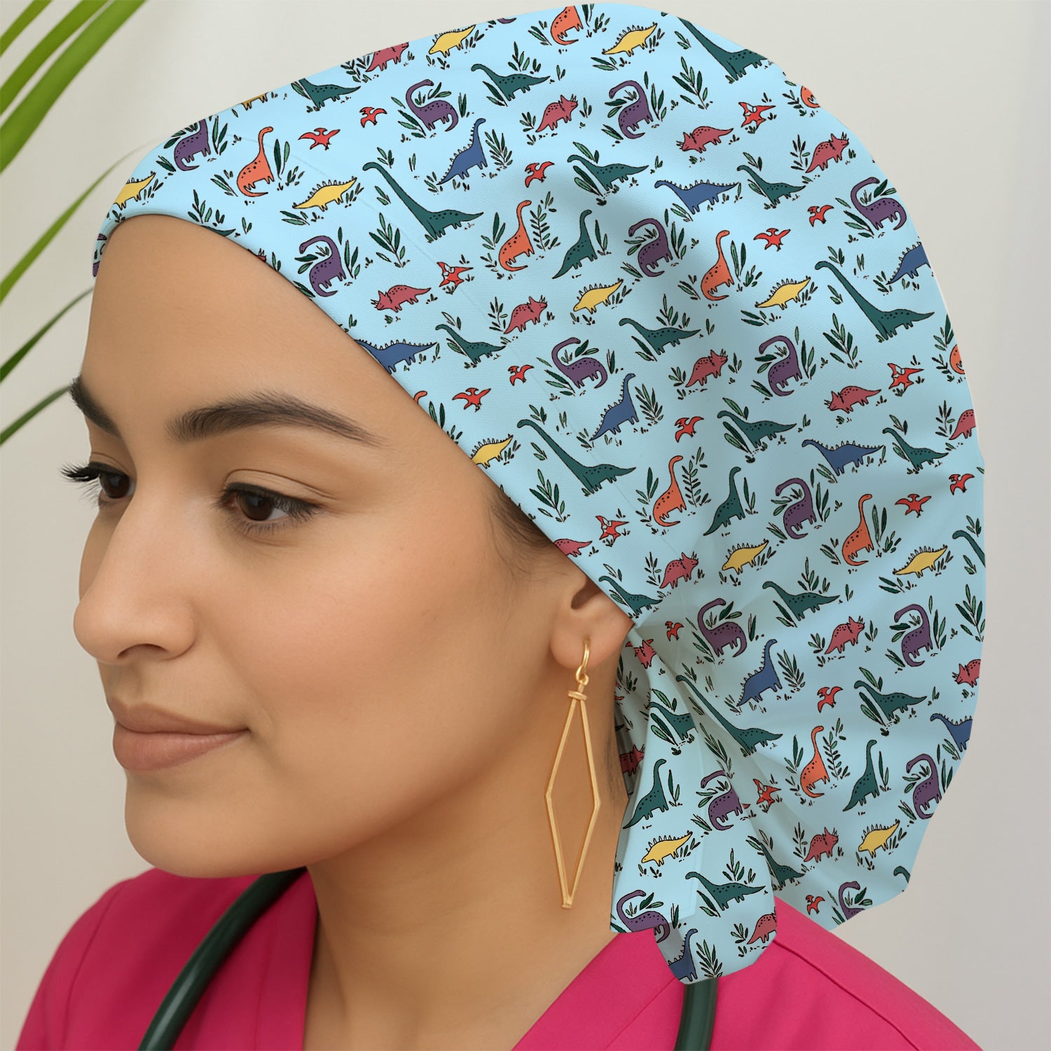 Cute Dinosaur Leafy Garden Pattern Scrub Cap, Surgical Caps for Doctors