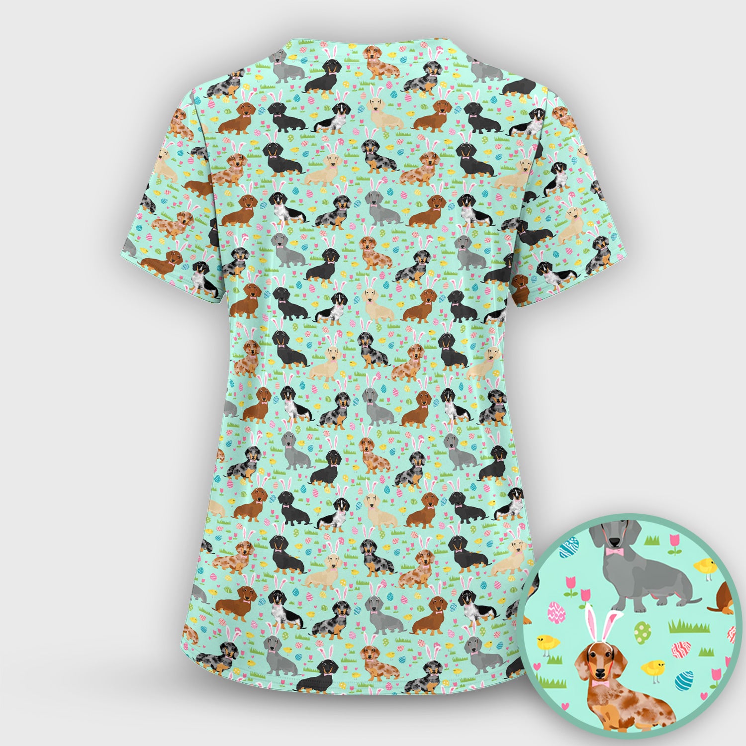 Easter Dachshund Dog Pattern Scrub Top, Comfortable Scrubs for Nurses