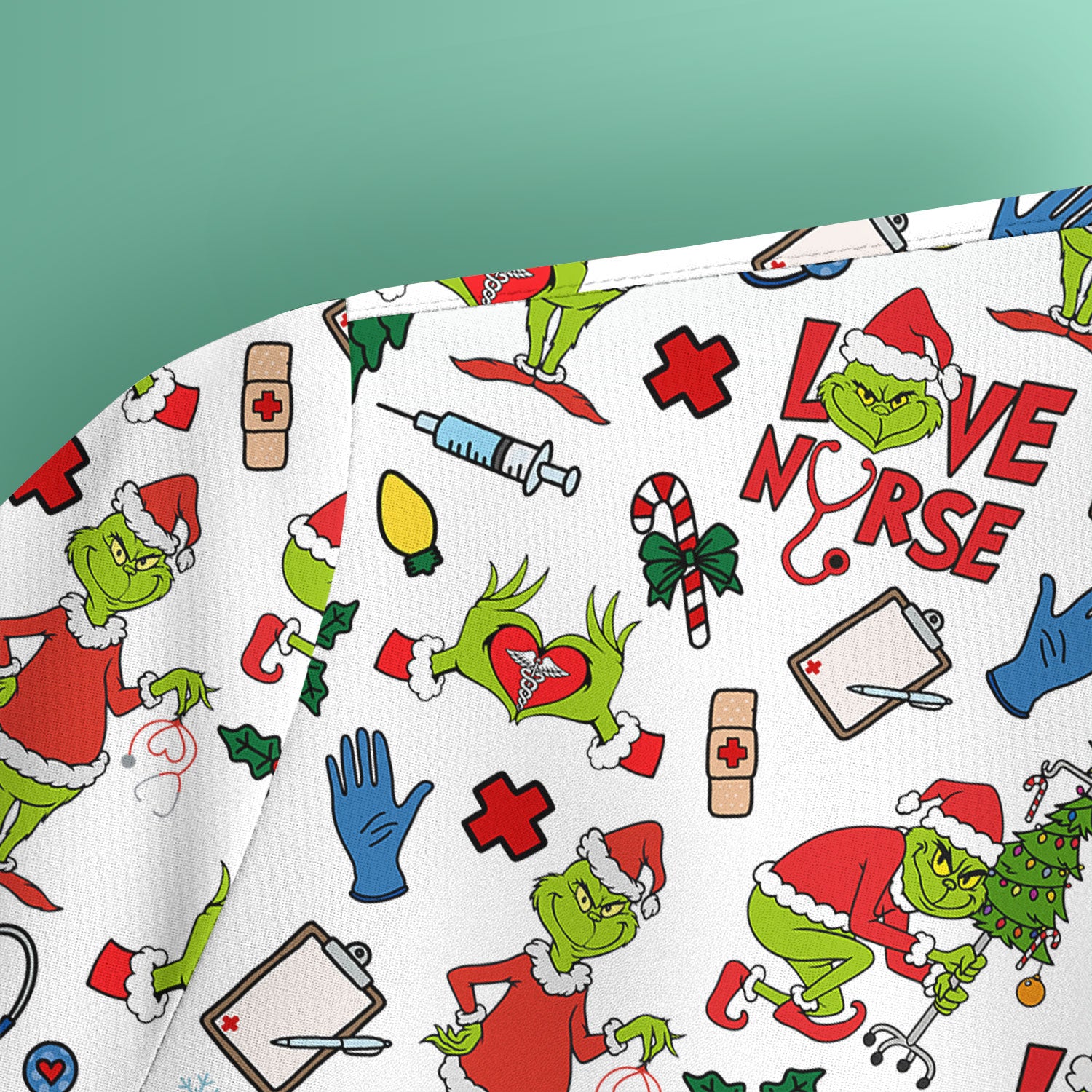 Funny Grinch Love Nurse Scrub Top - Multi Color Christmas Scrub Shirt - Cute Holiday Nursing Workwear with Pockets for Women