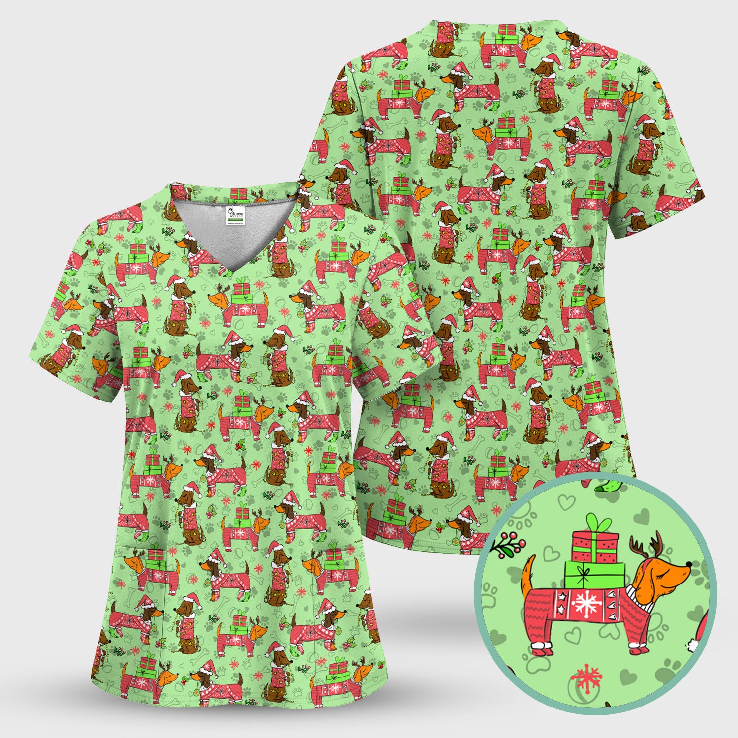 Holiday Dachshund Scrub Top for Nurses - Christmas Sausage Dog Santa with Paw Prints - Funny Medical Shirt RN LPN CNA Gift