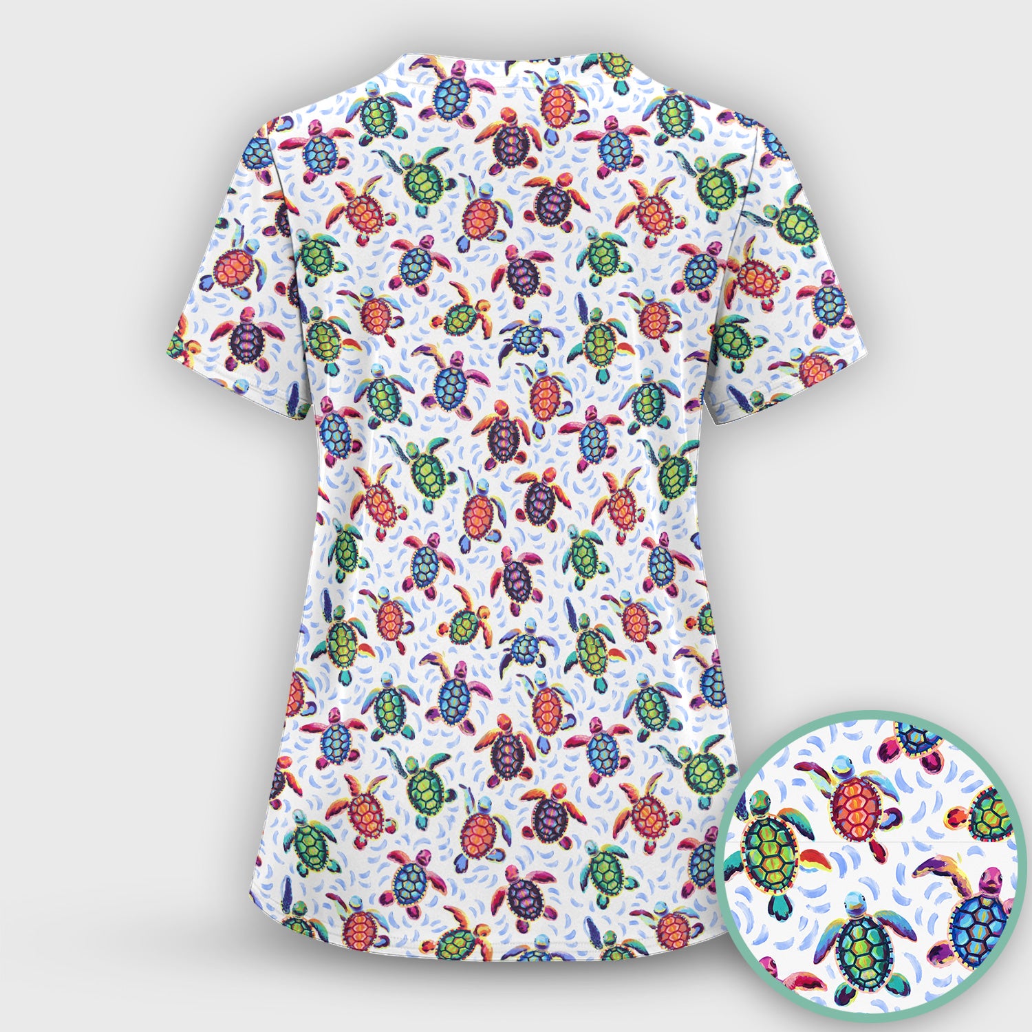 Colorful Sea Turtle Wave Pattern Scrub Top, Comfortable Scrubs for Nurses
