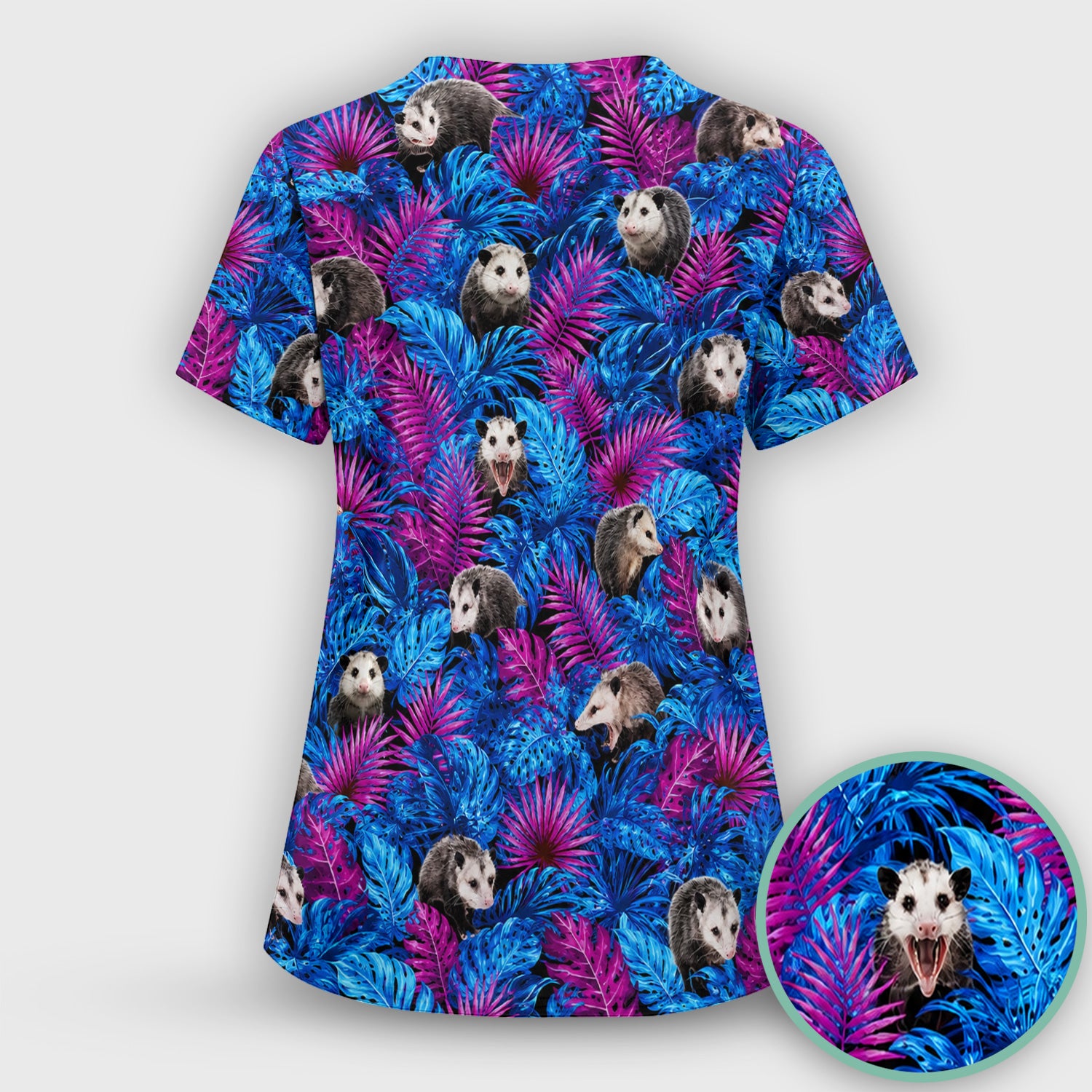 Cute Opossum Tropical Print Scrub Top, Comfortable Scrubs for Nurses