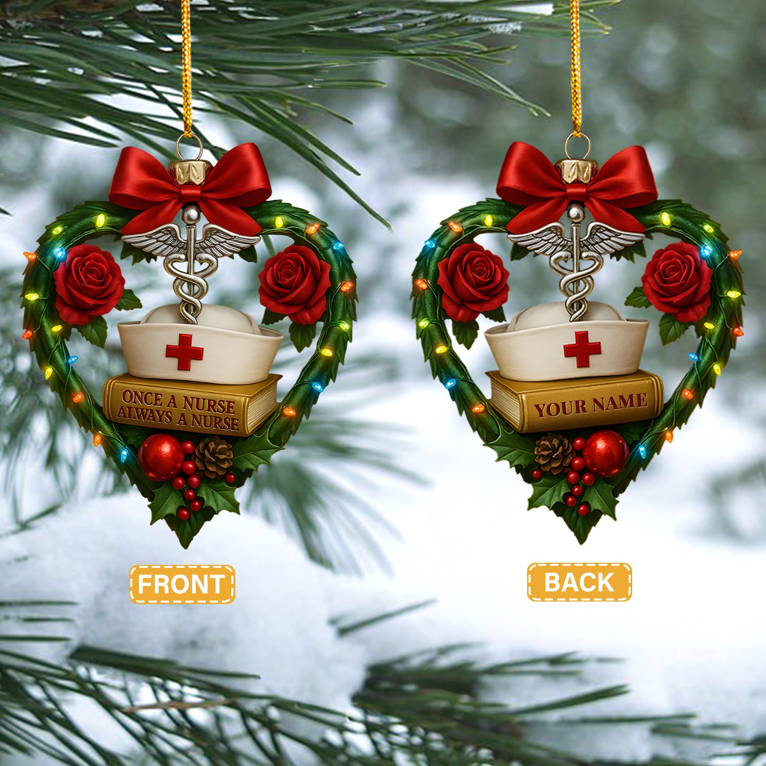 Custom Name Nurse Christmas Ornament with Heart and Roses, Inspirational Holiday Gift for Healthcare Workers