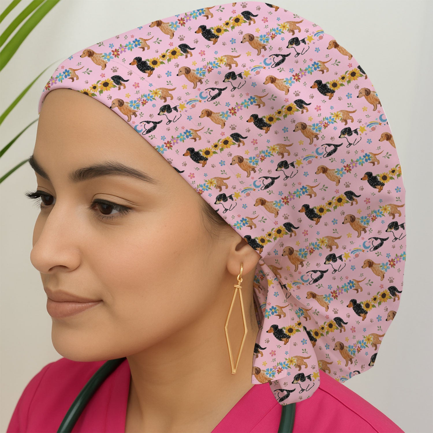 Floral Wiener Dog Pattern Print Cap, Bouffant Scrub Caps for Women
