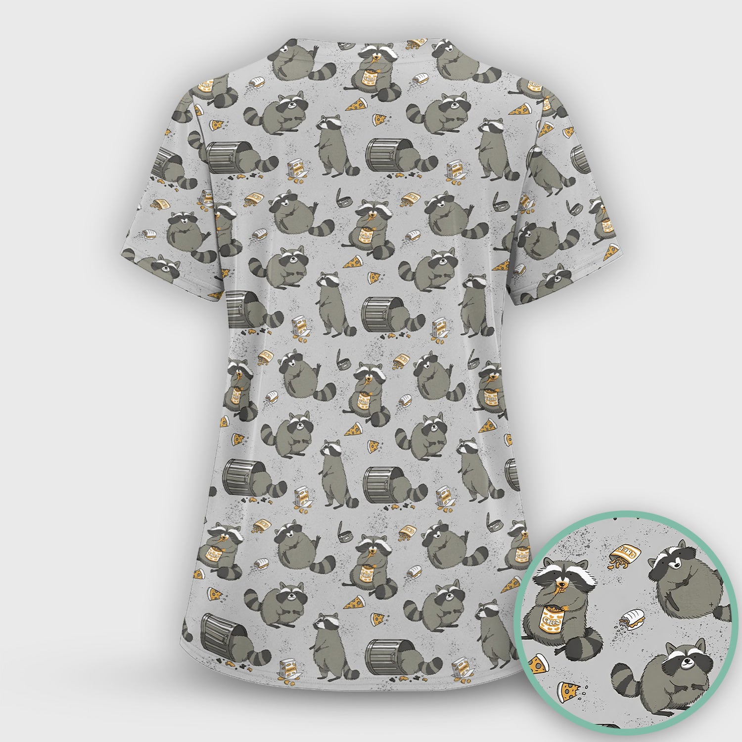 Raccoon Snack And Trash Can Pattern Scrub Set, Breathable Med Uniform