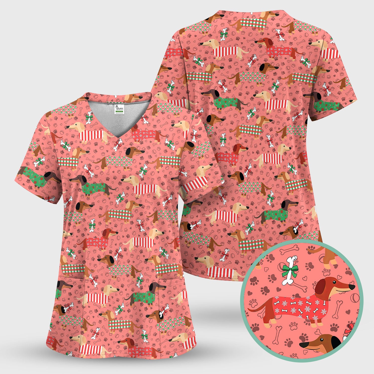 Christmas Dachshund Scrub Top for Nurses - Funny Wiener Dog Medical Shirt Multi Color - Cute Puppy Lover Gift for RN LPN CNA