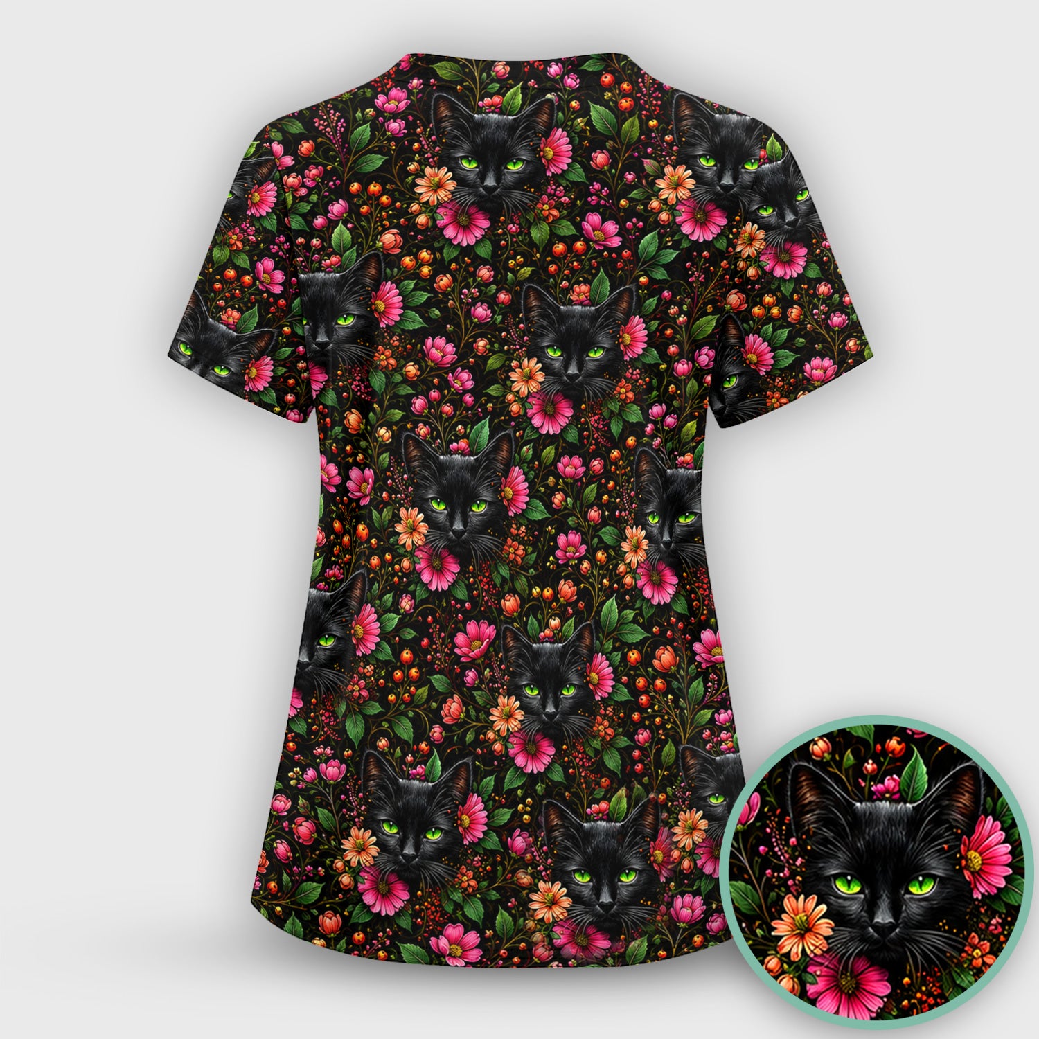 Adorable Black Cat Blossom Pattern Scrub Set, Scrub Pants and V Neck Top