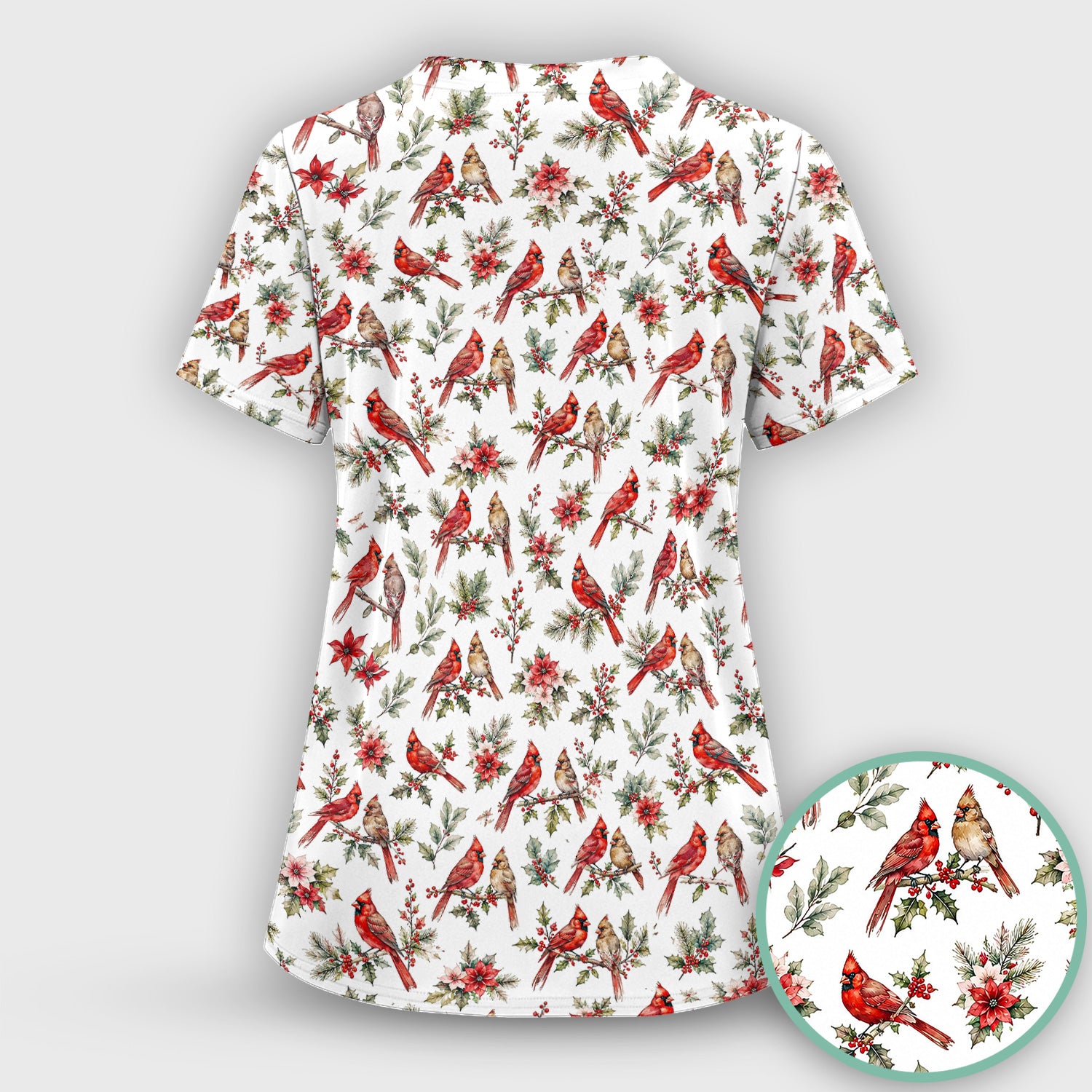 Festive Cardinal and Holly Scrub Set, Scrub Pants and V Neck Top