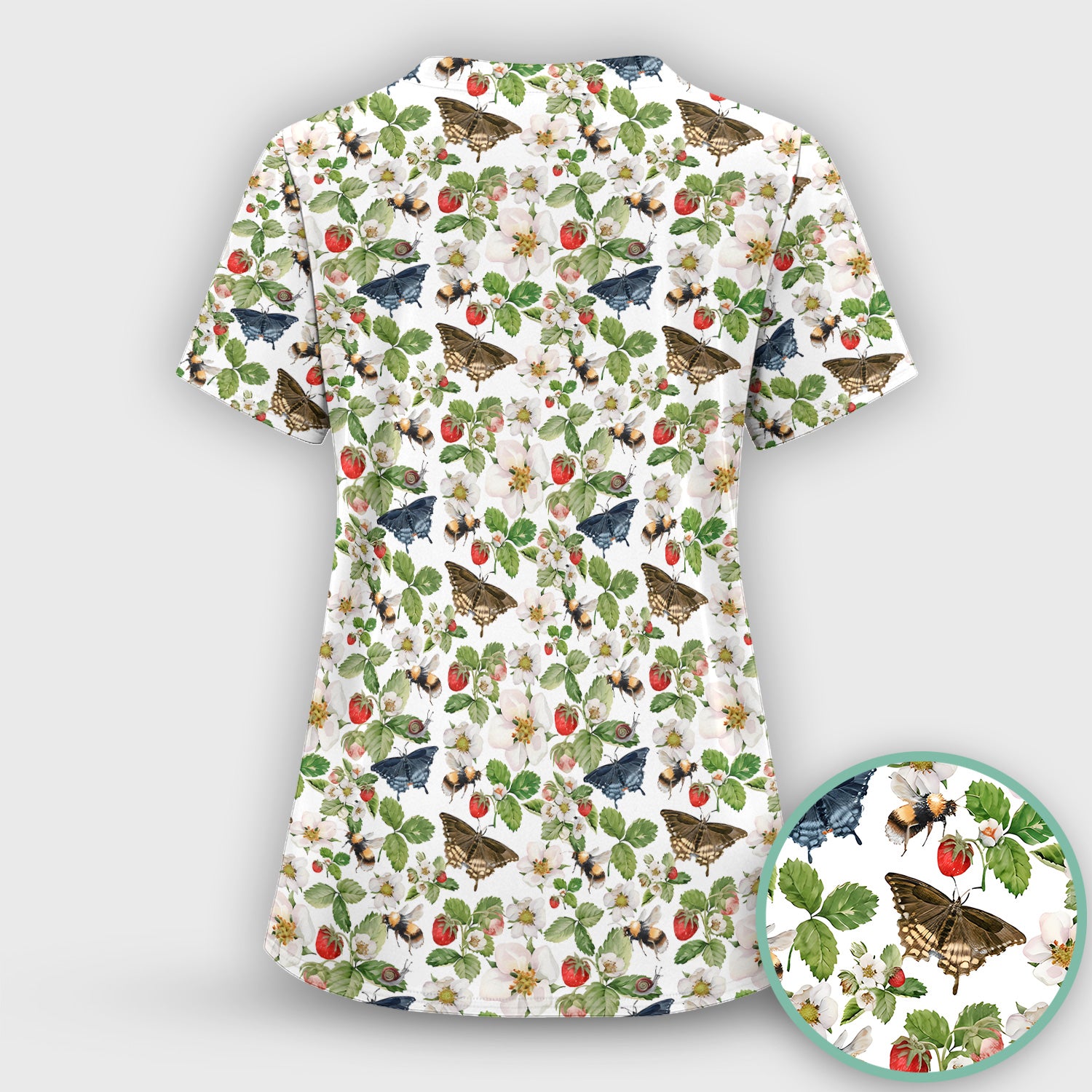 Charming Strawberry Butterfly Garden Pattern Scrub Set, Scrub Pants and V Neck Top