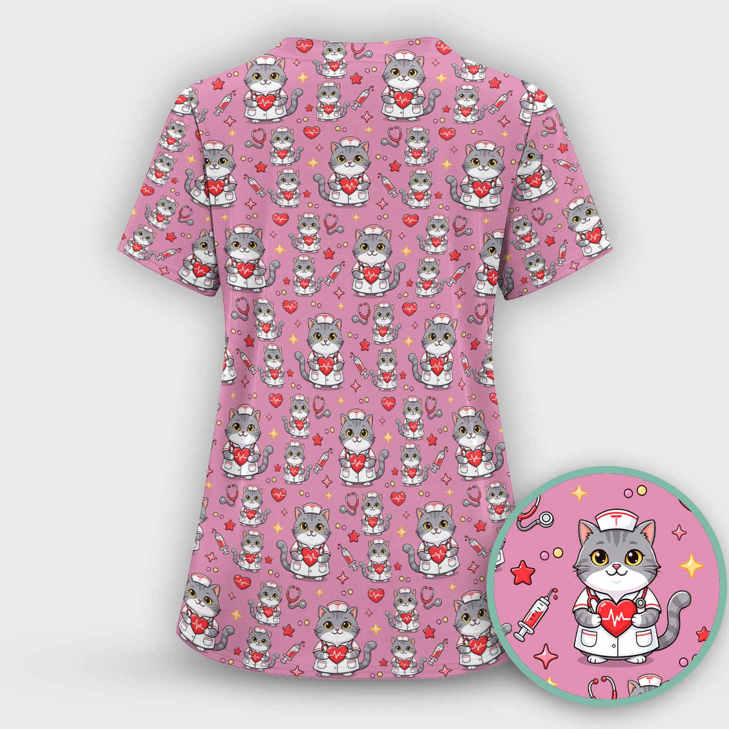 Cute Nurse Cat Heart Medical Print Scrub Top, Comfortable Scrubs for Nurses