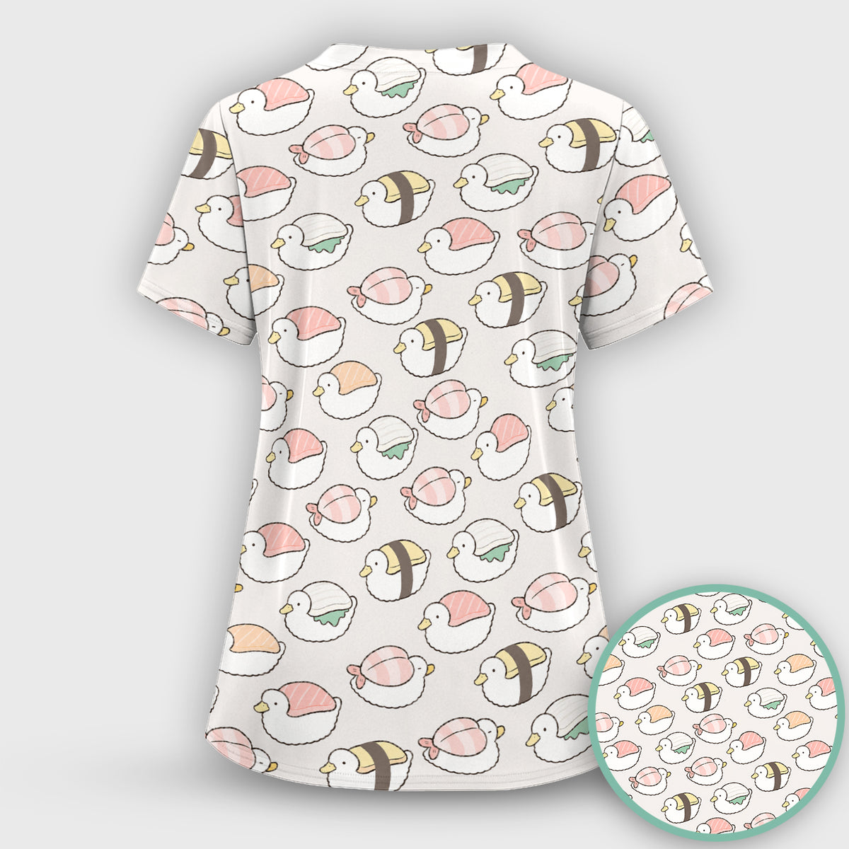 Cute Nigiri Sushi Ducks Pattern Scrub Top, Comfortable Scrubs for Nurses
