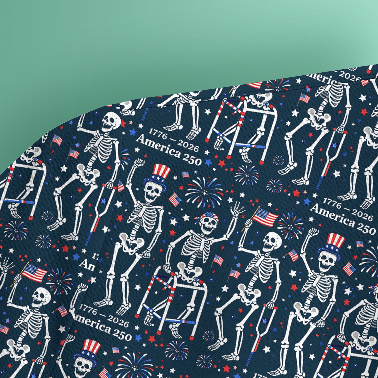 Festive Patriotic Skeleton America 250 Pattern Scrub Top, Comfortable Scrubs For Nurses