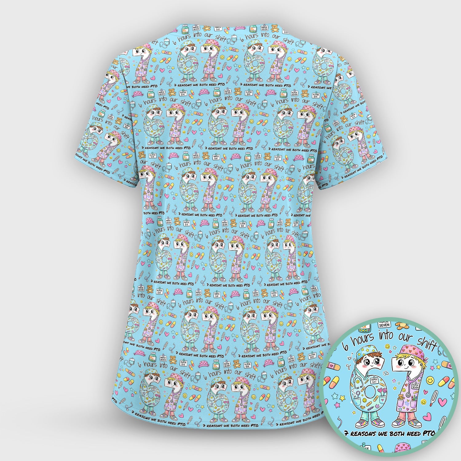 Cartoon Characters Six Hours Into Shift With Medical Doodle Scrub Set, Breathable Med Uniform