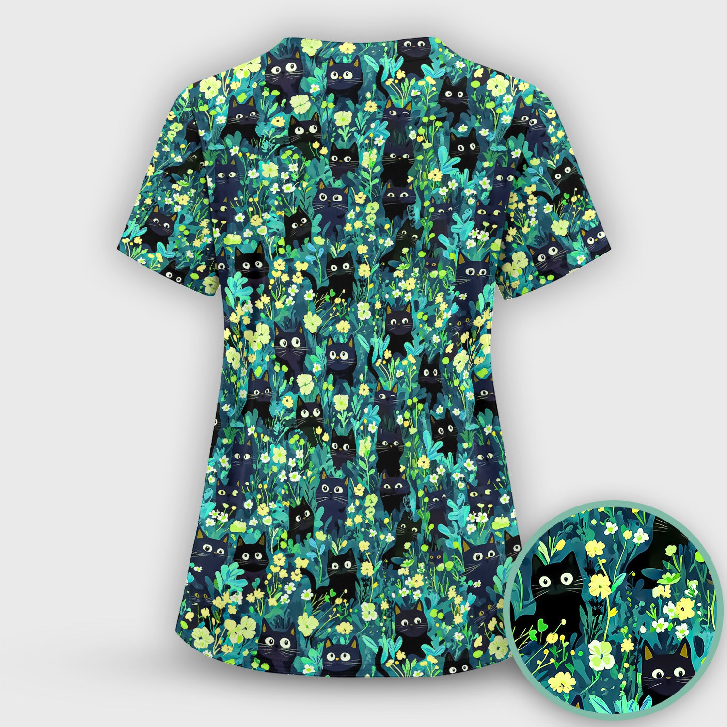 Black Cat Floral Pattern Scrub Top, Comfortable Scrubs for Nurses