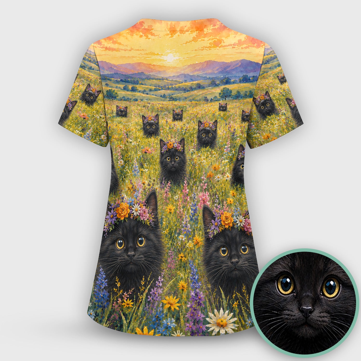 Black Kitten Flower Meadow Pattern Scrub Set, Scrub Pants and V Neck Top